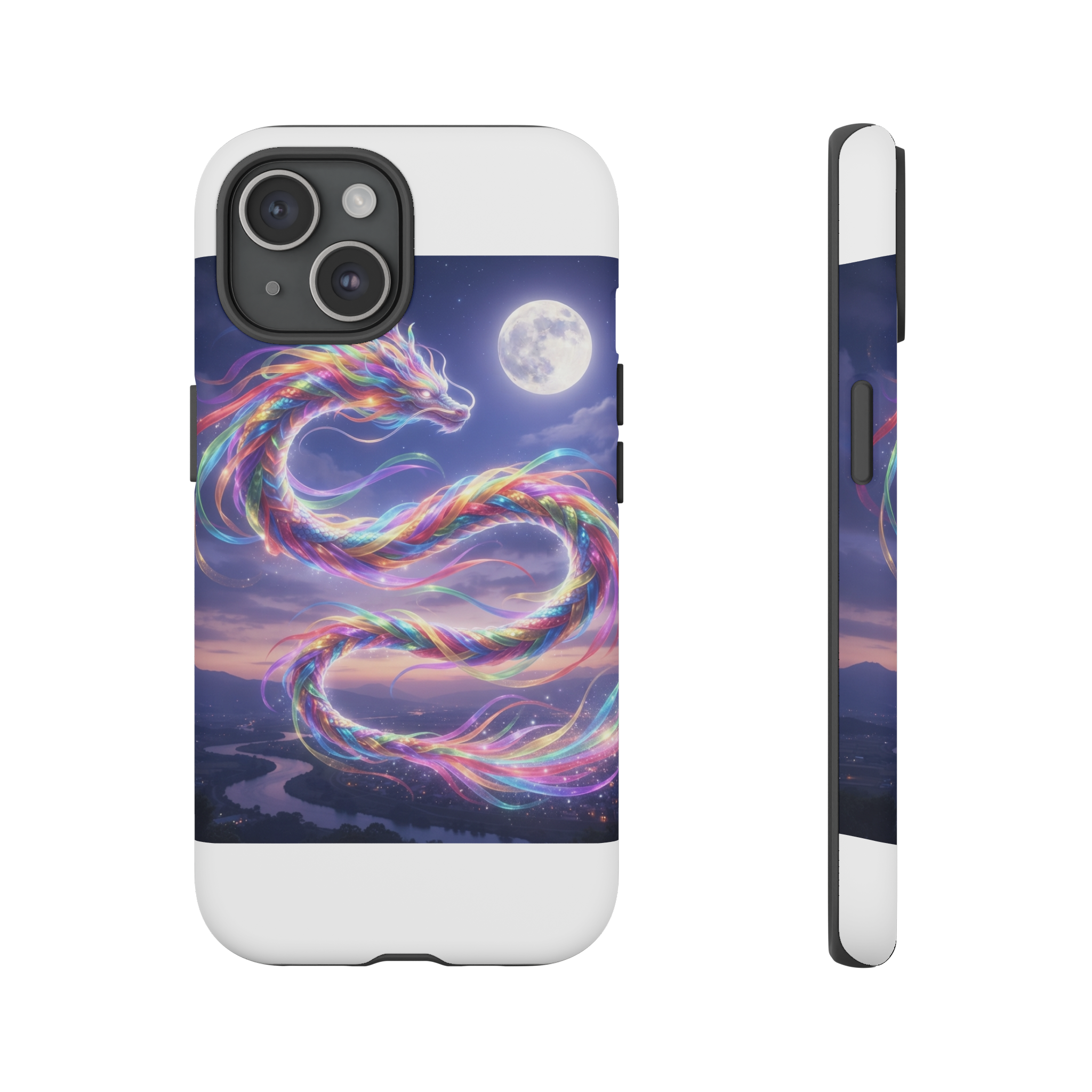 A sleek dragon composed of vibrant rainbow ribbons coils gracefully amid a twilight sky, its scales shimmering with fluid bands of color as soft moonlight highlights the luminous contours.