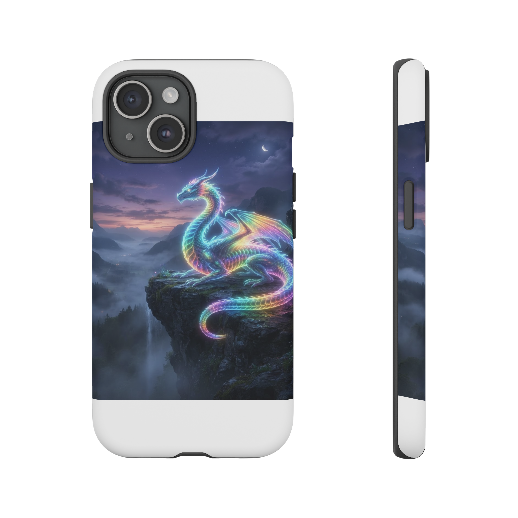 A sleek dragon curled over a misty cliff, its scales rendered as translucent bands of rainbow light that glow against a deep twilight sky.
