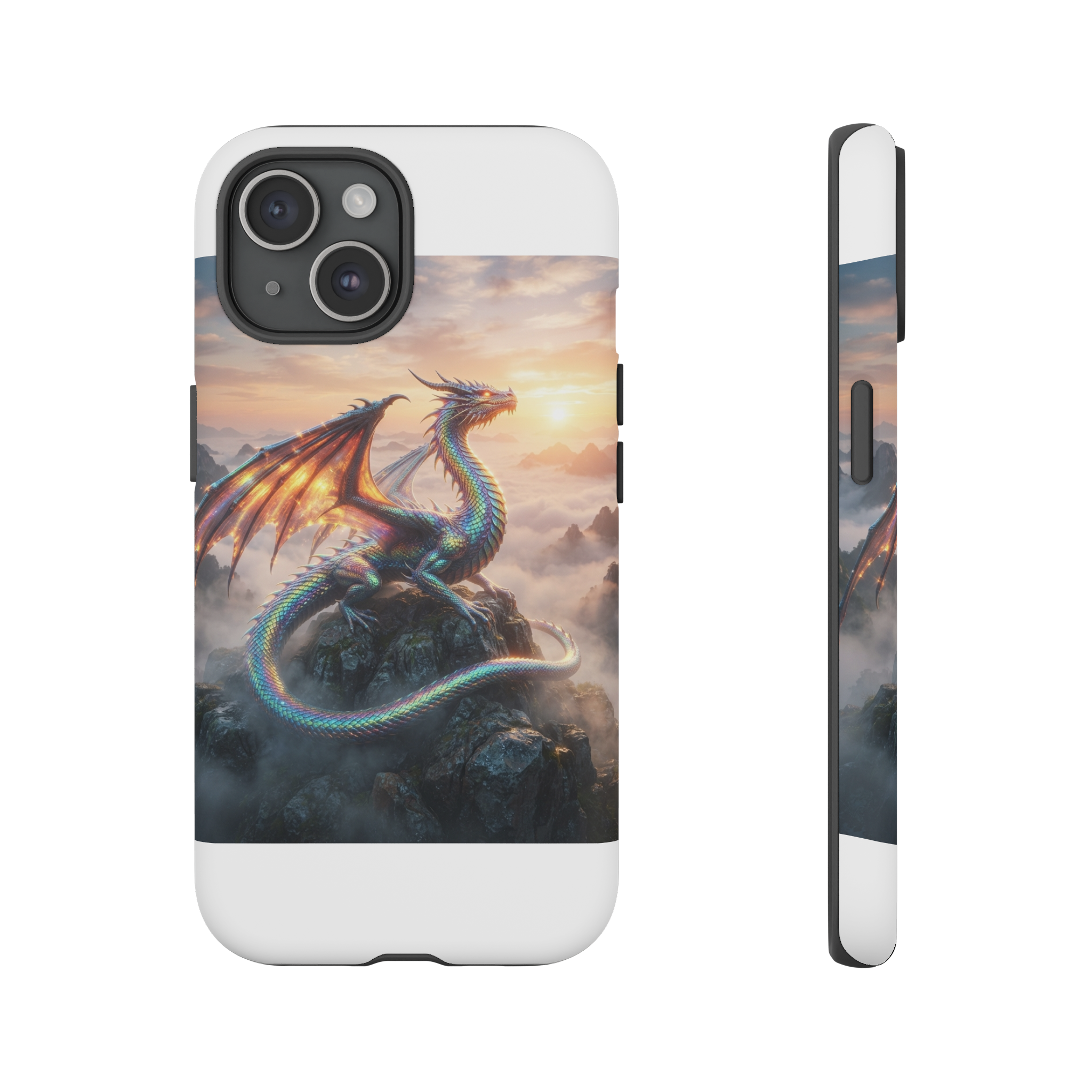 A sleek, iridescent dragon coils across a misty mountaintop, its scales shifting through all colors of the rainbow as golden sunrise light glints off its elongated wings.