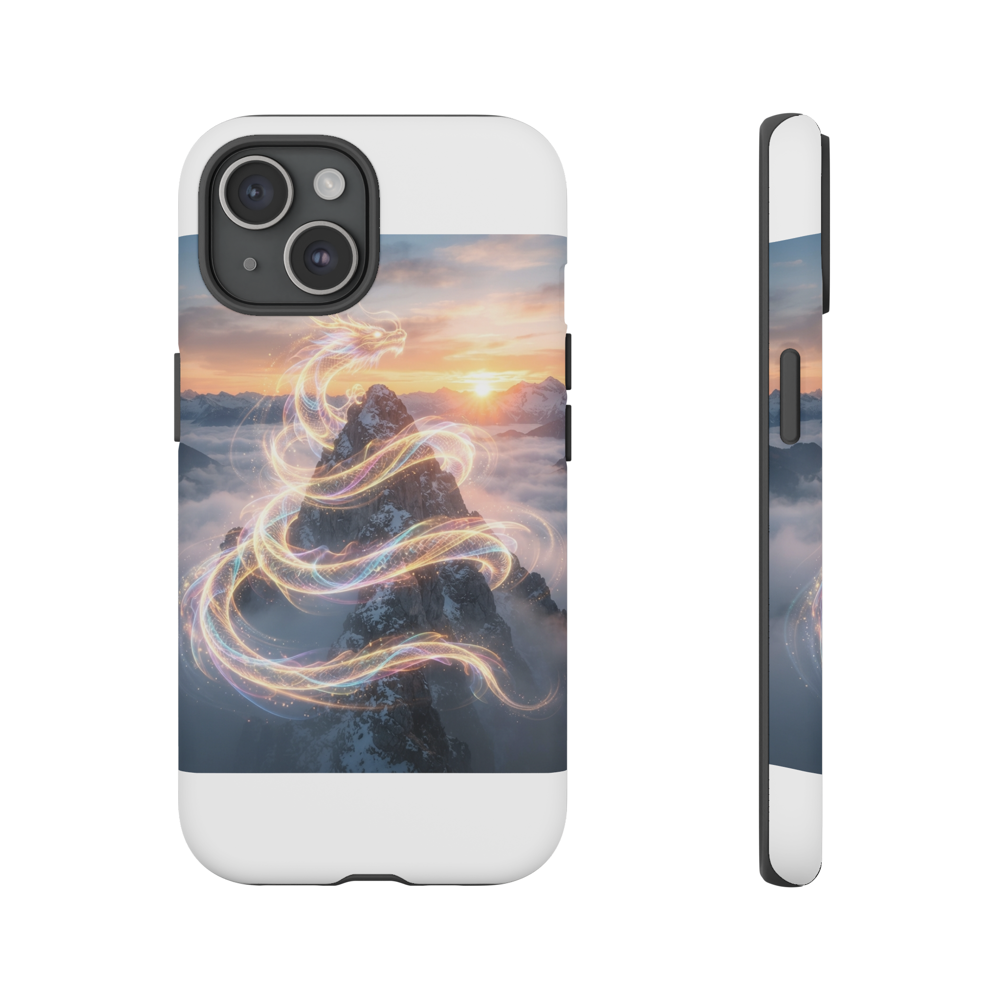 A sleek dragon formed from swirling ribbons of rainbow light coils around a misty mountain peak, its translucent scales catching the sunrise hues.