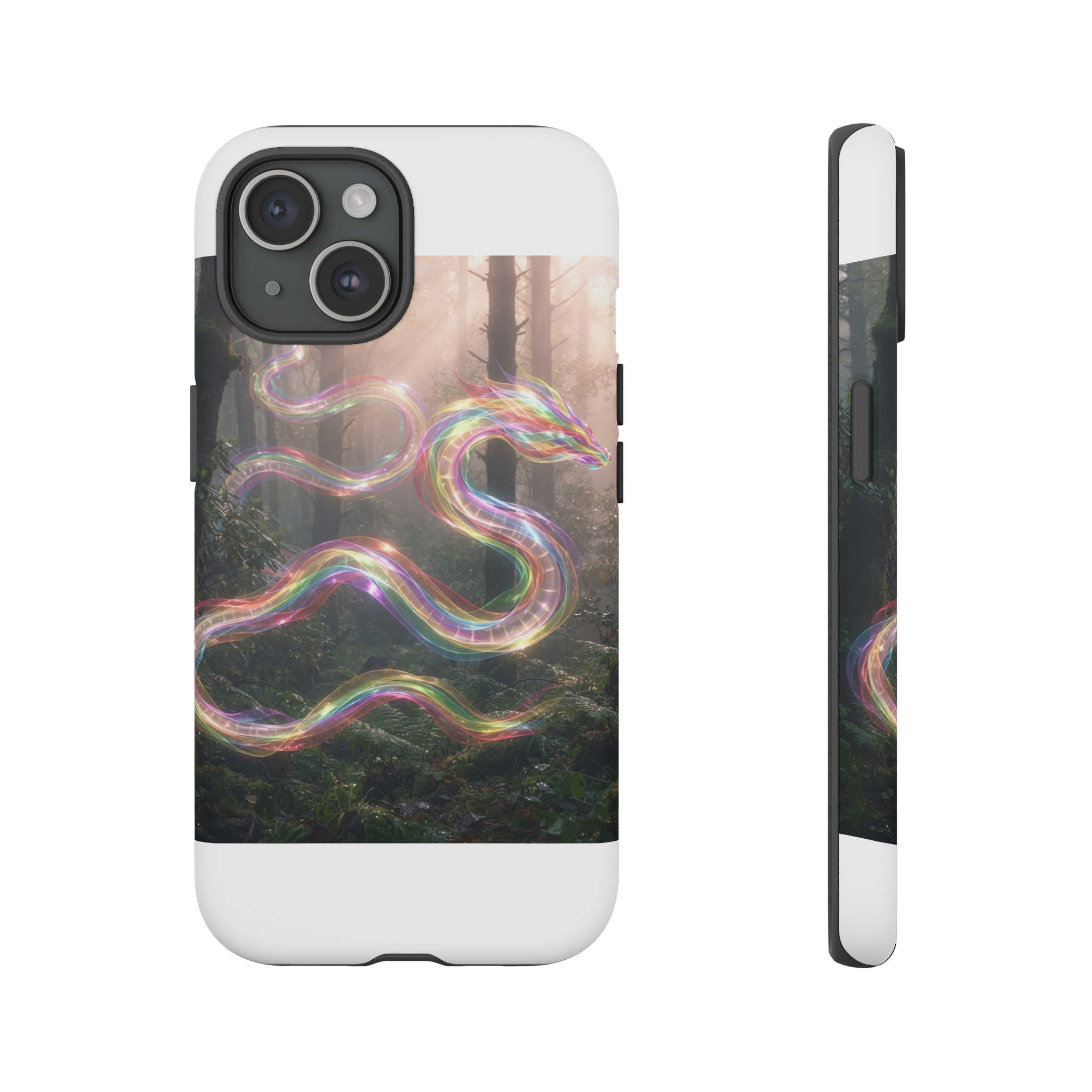 A slender dragon composed of overlapping translucent ribbons of rainbow colors winds through a misty forest, its sinuous body catching soft sunrise light that glimmers off the glossy bands.