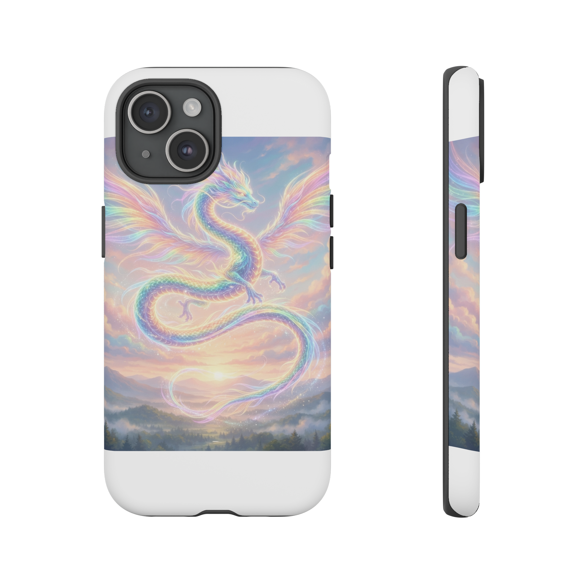 A luminous dragon curls through a sky of shifting pastel clouds, its scales rendered as translucent ribbons of rainbow light that glow against the soft dawn.