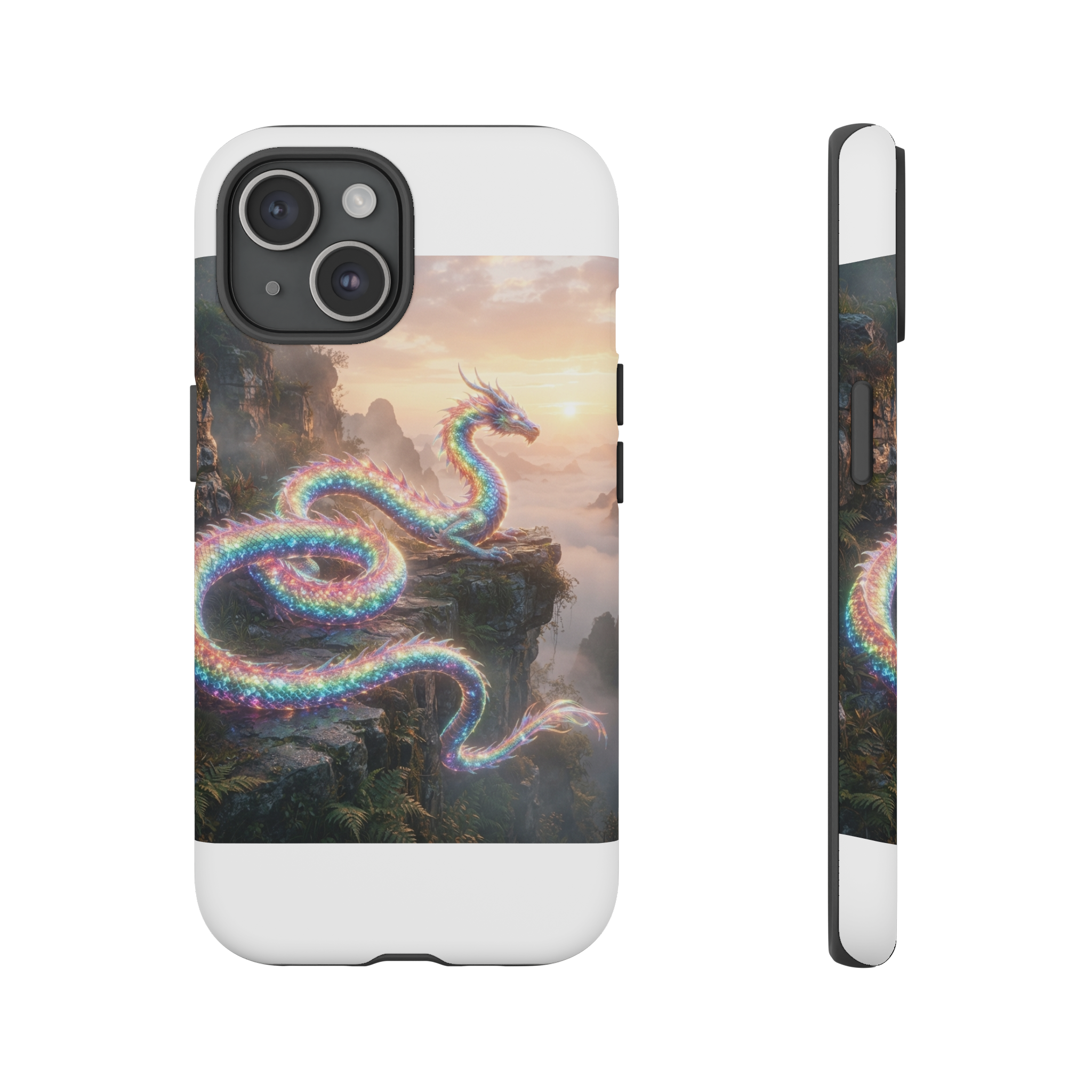 A luminous dragon coils across a misty cliff, its scales shimmering in every hue of the rainbow, while the sunrise casts a soft golden light over its sinuous form.