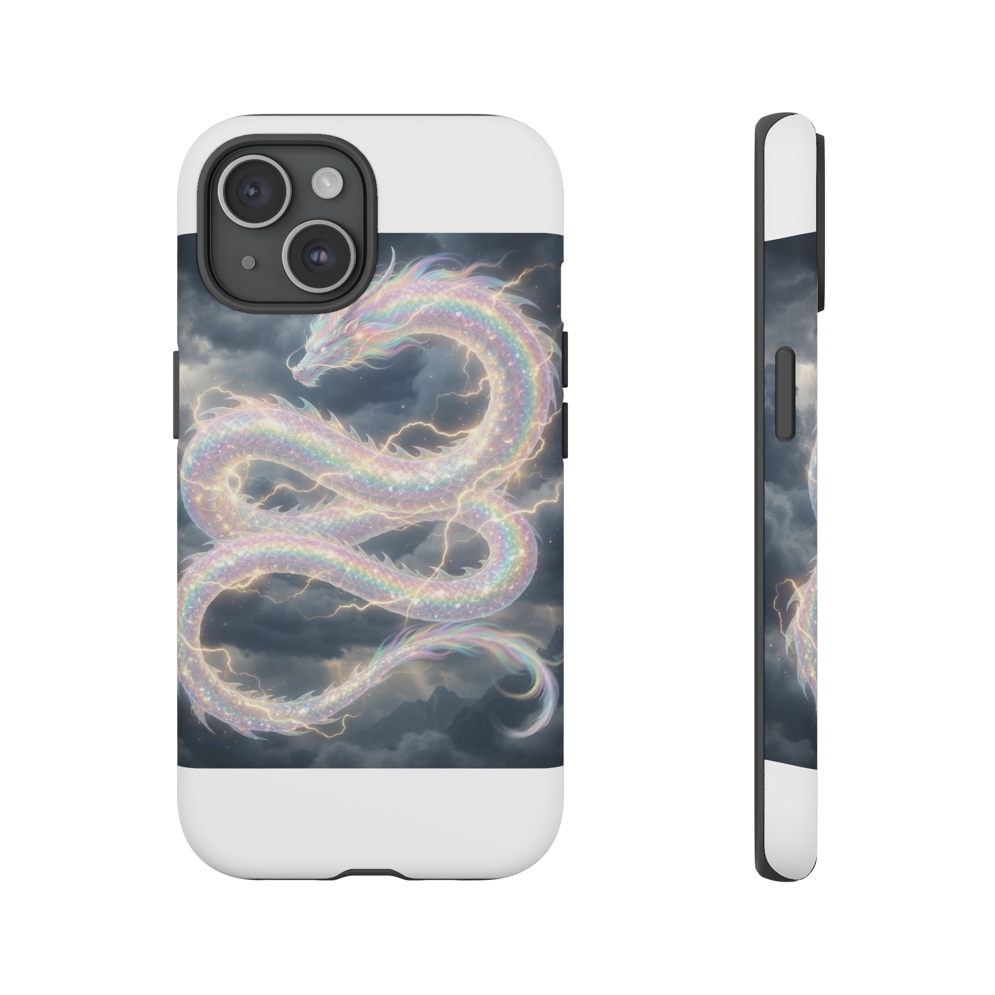 A sinuous dragon composed of overlapping pastel rainbows coils through a stormy sky, its scales shimmering with translucent colors while bolts of soft golden light illuminate its graceful form.