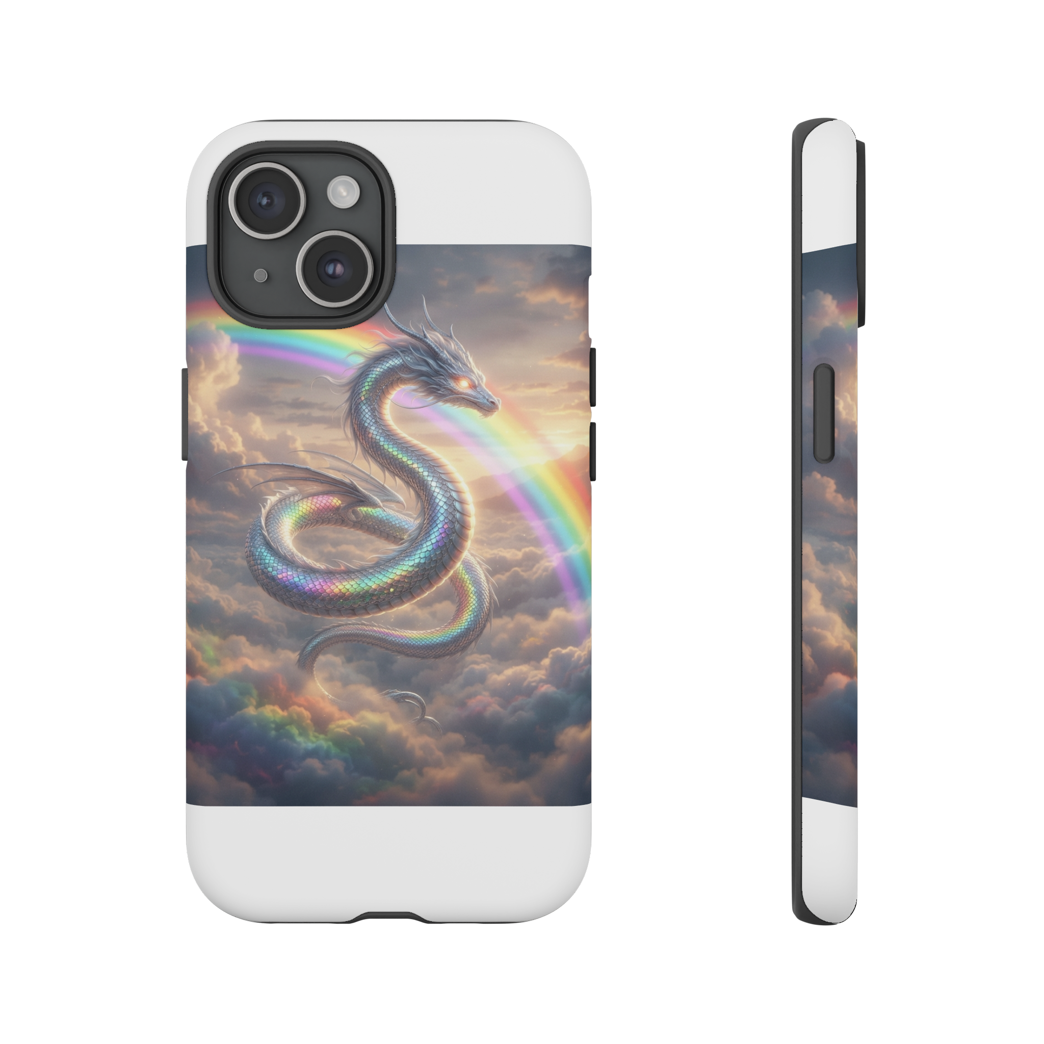 A sleek silver dragon coils around a vivid rainbow arch, its scales reflecting the prismatic colors while a soft golden light glows from its eyes, casting gentle shadows on the swirling clouds below.
