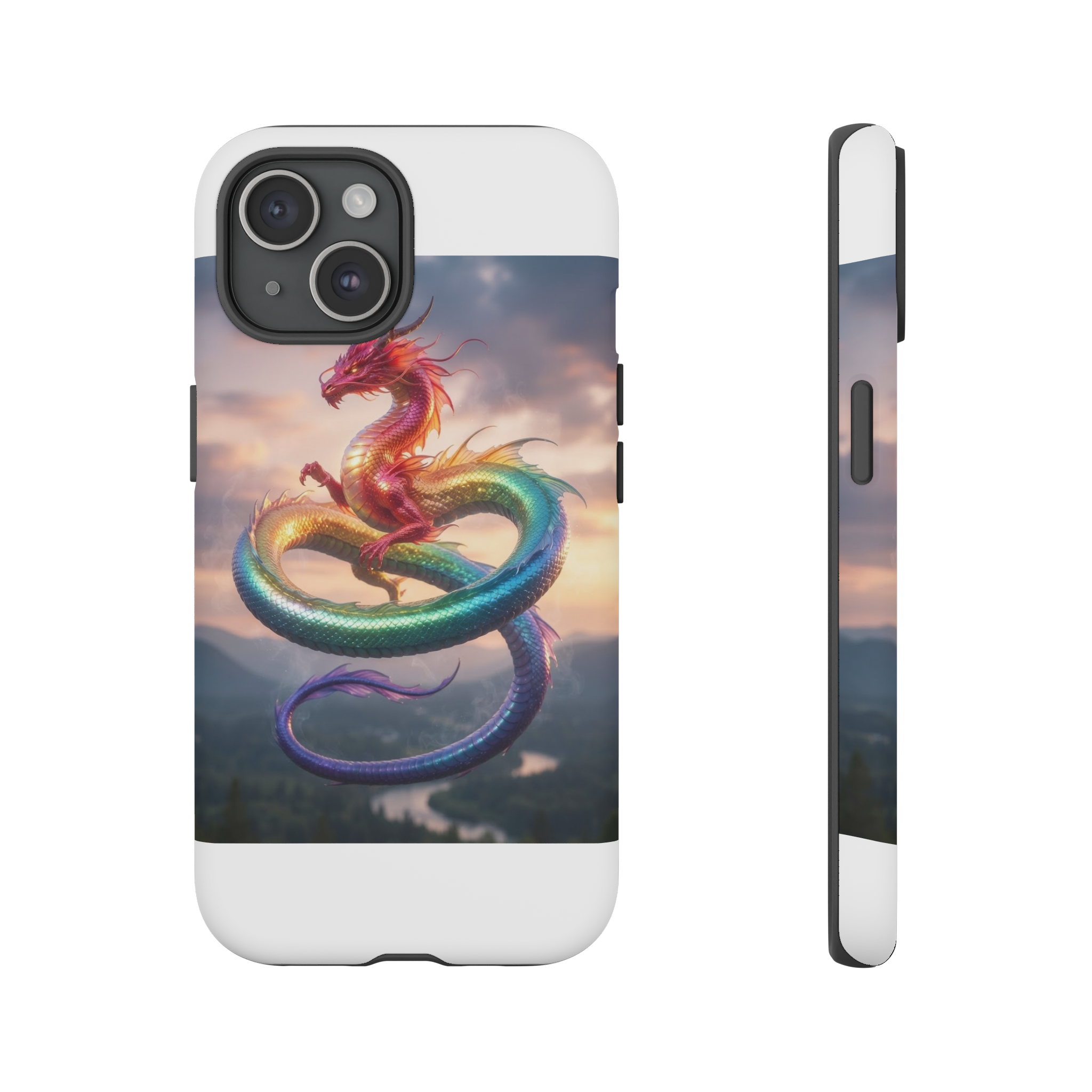 A sleek, serpentine dragon coils mid‑air, its scales shimmering in a gradient of vivid rainbow hues that transition smoothly from crimson at the head to violet at the tail, set against a soft, diffused twilight sky that casts a gentle golden backlight on its iridescent body.