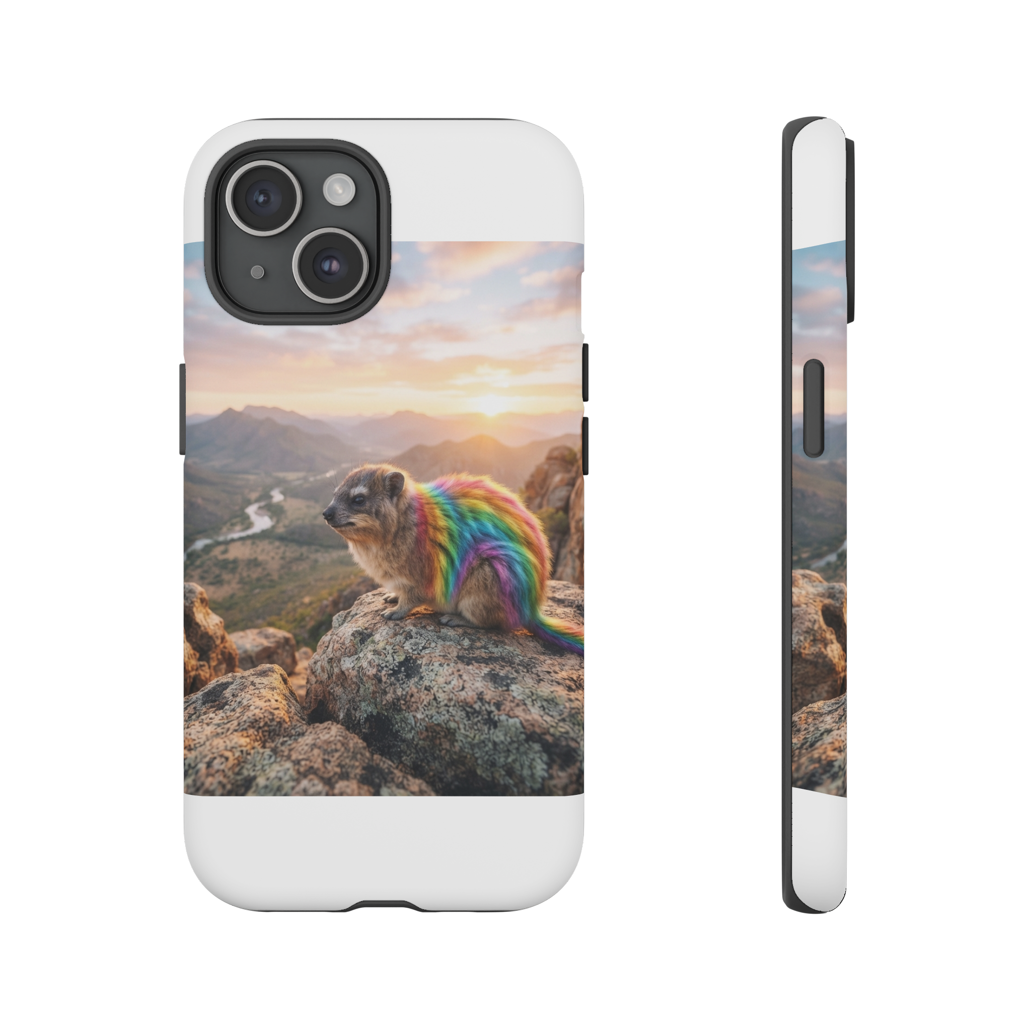 A small, fluffy hyrax perched on a rocky outcrop bathed in sunrise light, its fur painted in vibrant rainbow stripes that cascade from head to tail, set against a soft pastel sky and muted earth tones.