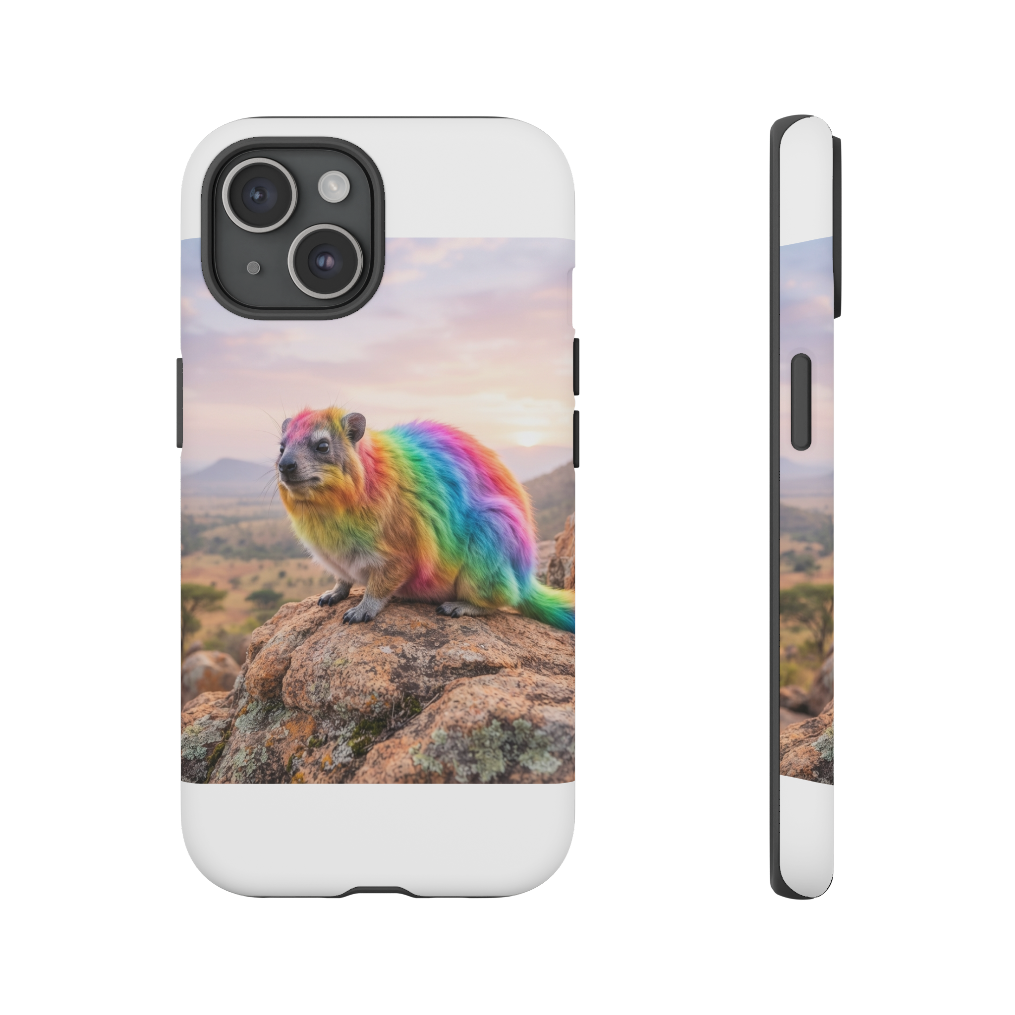 A plump hyrax perched on a rocky outcrop, its fur rendered in vibrant rainbow hues that cascade from head to tail, against a soft pastel sky and warm earth tones.
