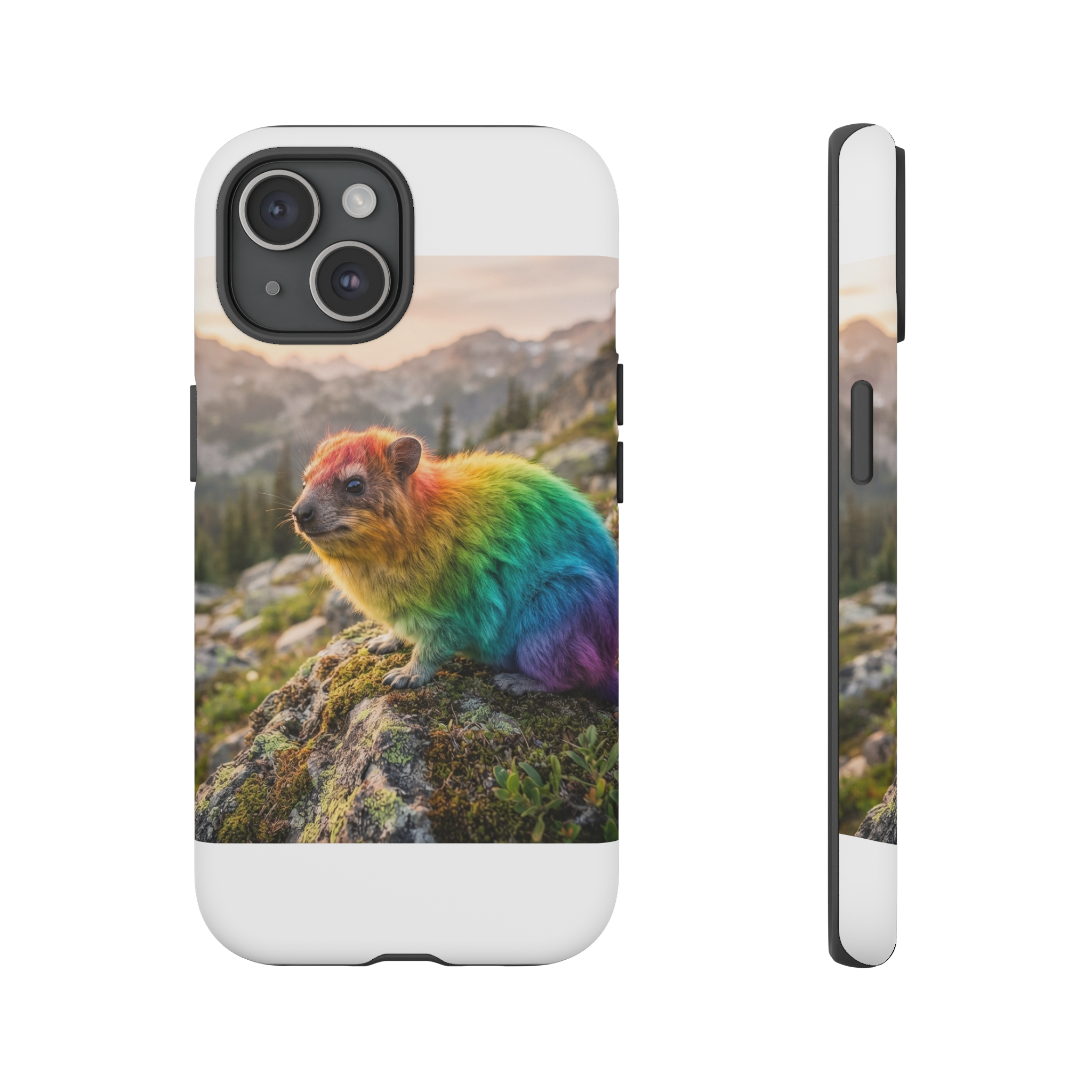 A small, whiskered hyrax perched on a mossy rock, its fur rendered in vivid rainbow hues that cascade like a soft gradient, illuminated by gentle sunrise light that highlights each color.