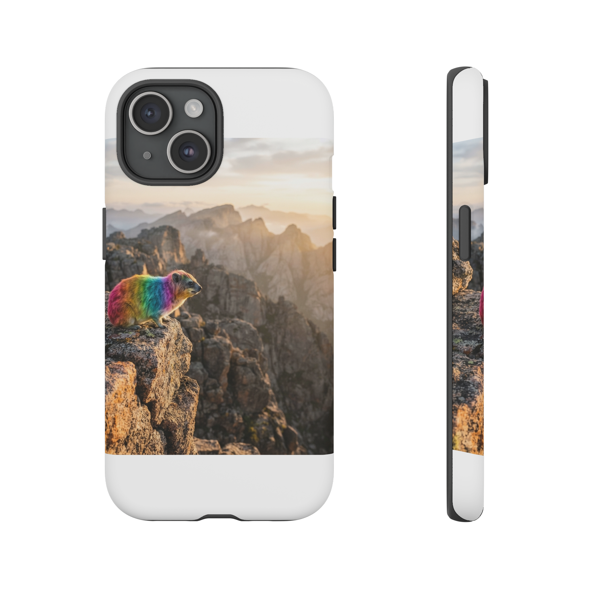A tiny hyrax perched on a cliff edge, its fur rendered in vibrant rainbow stripes that cascade like a watercolor sunrise, against a stark granite backdrop lit by soft golden light.