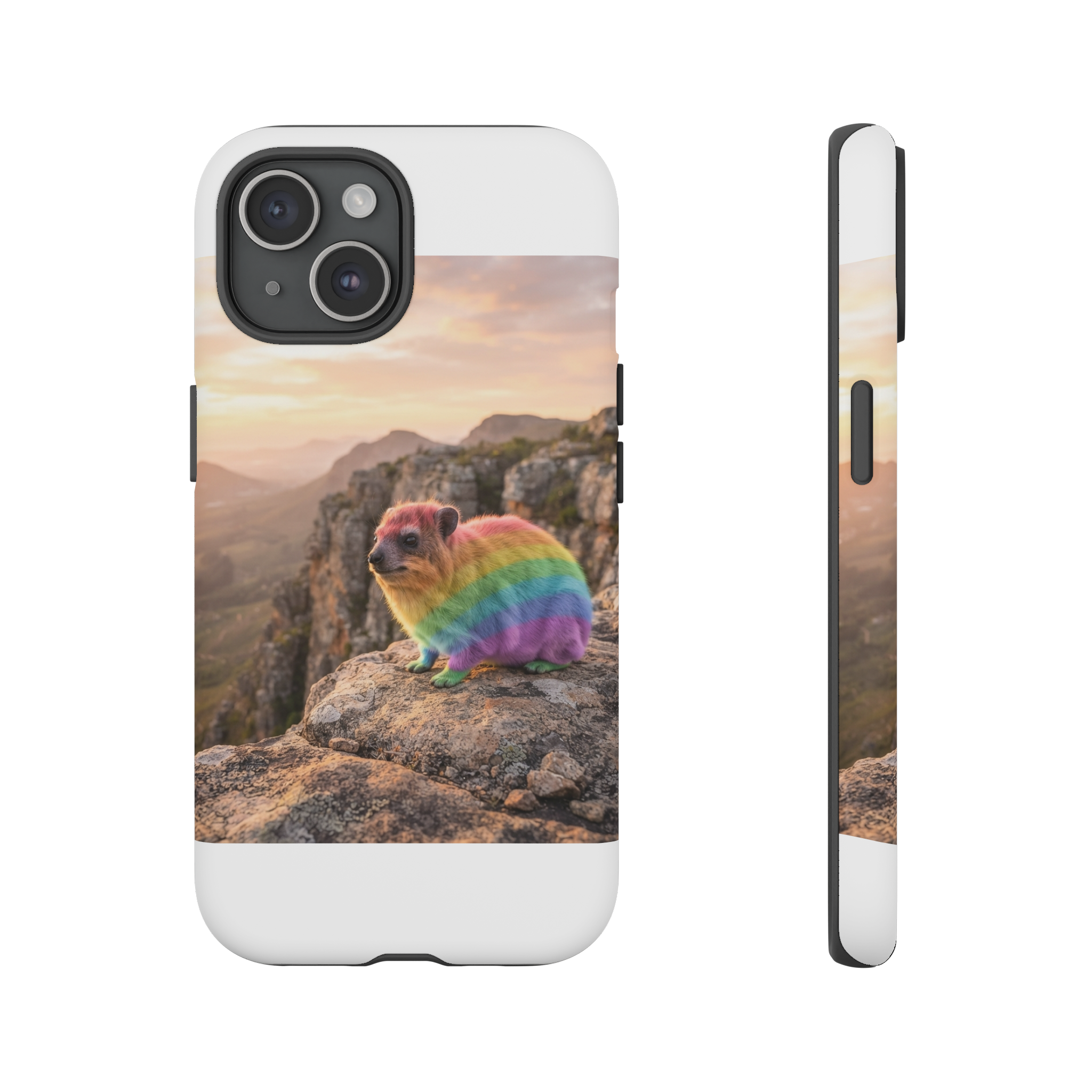 A small, fluffy hyrax perched on a rocky ledge, its fur painted in smooth bands of bright rainbow hues, against a soft sunrise sky that casts gentle golden light across the scene.
