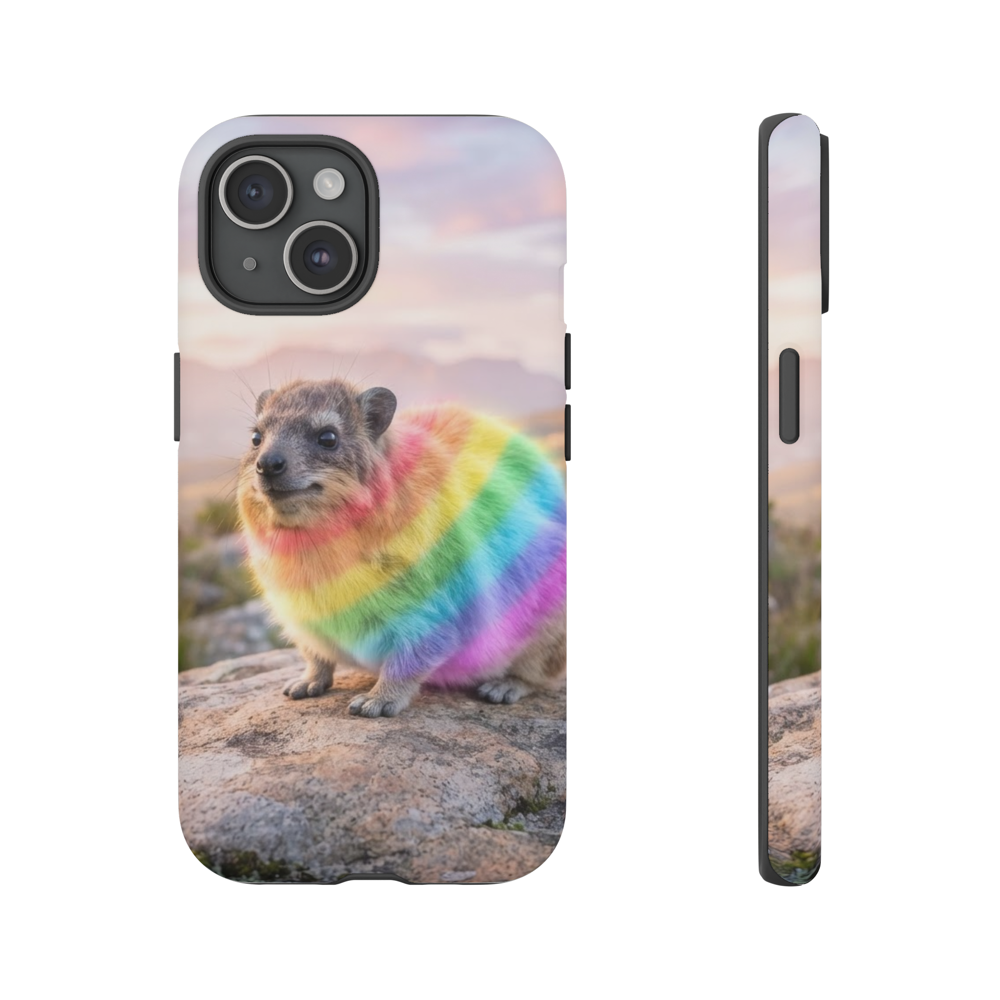 A small, plump hyrax sits on a smooth rock, its fur painted in bright rainbow stripes that glow against a soft, pastel sky.