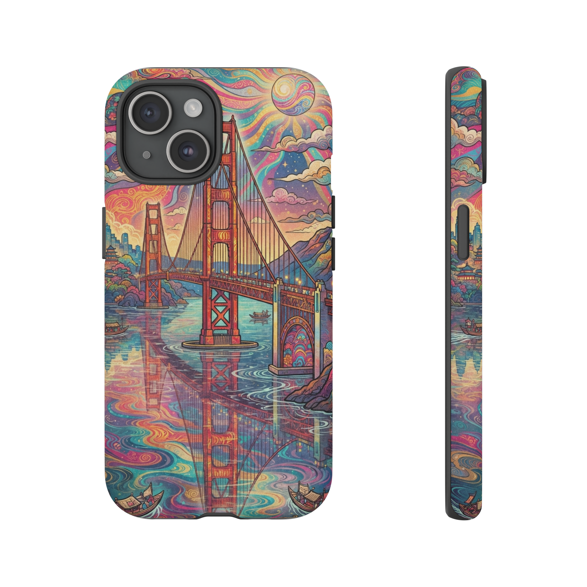 A vivid ukiyo‑e style scene of the Golden Gate Bridge rendered in swirling psychedelic colors, with the red towers and cables glowing against a kaleidoscopic sky of magenta, teal and gold, all reflected in calm water below.