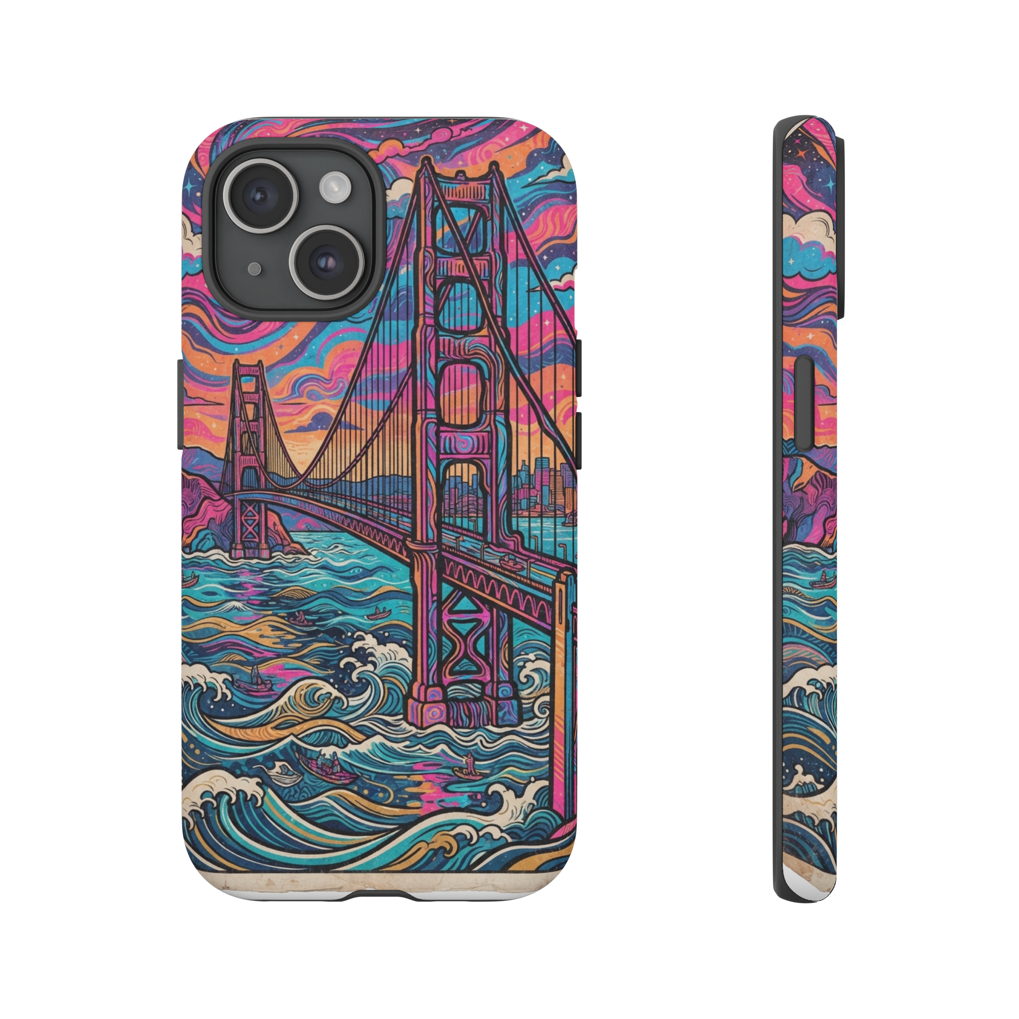 A golden gate bridge rendered in the bold lines and flat color blocks of ukiyo‑e, its iconic towers and cables swirling with neon pinks, electric blues, and vivid orange patterns that ripple like a psychedelic wave across a stylized sea and sky.