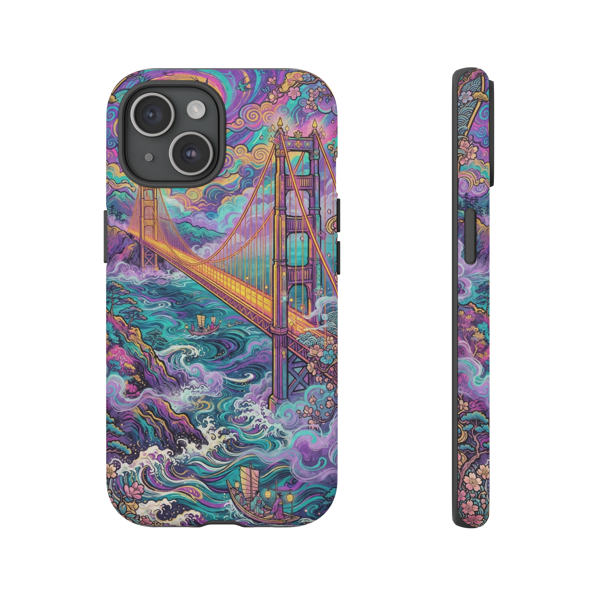 A vibrant ukiyo‑e style scene of the Golden Gate Bridge spanning a foggy bay, rendered in swirling psychedelic hues of electric purple, teal and gold, with stylized clouds and cherry blossoms framing the iconic towers.