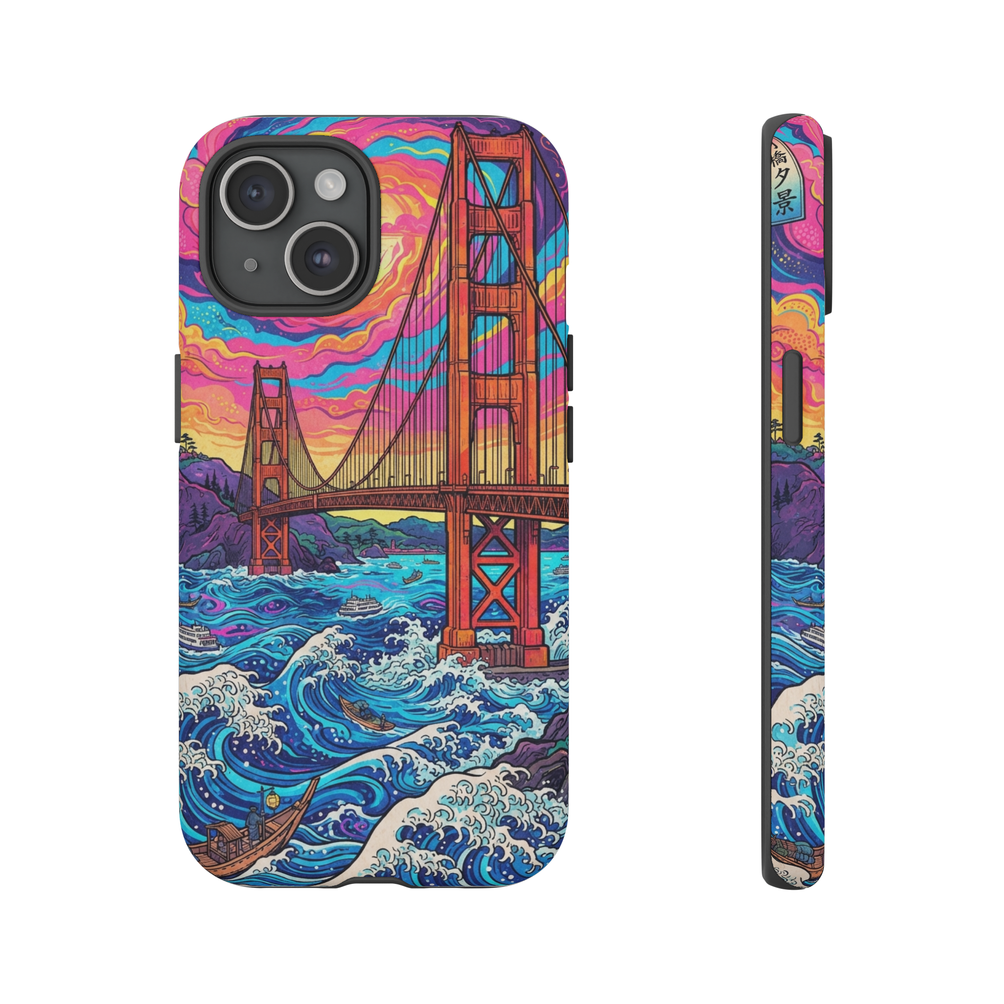 A vibrant ukiyo‑e style print of the Golden Gate Bridge, rendered in swirling neon pinks, electric blues and saffron yellows, with stylized clouds and foam crashing beneath the arches, lit by a surreal sunset glow.