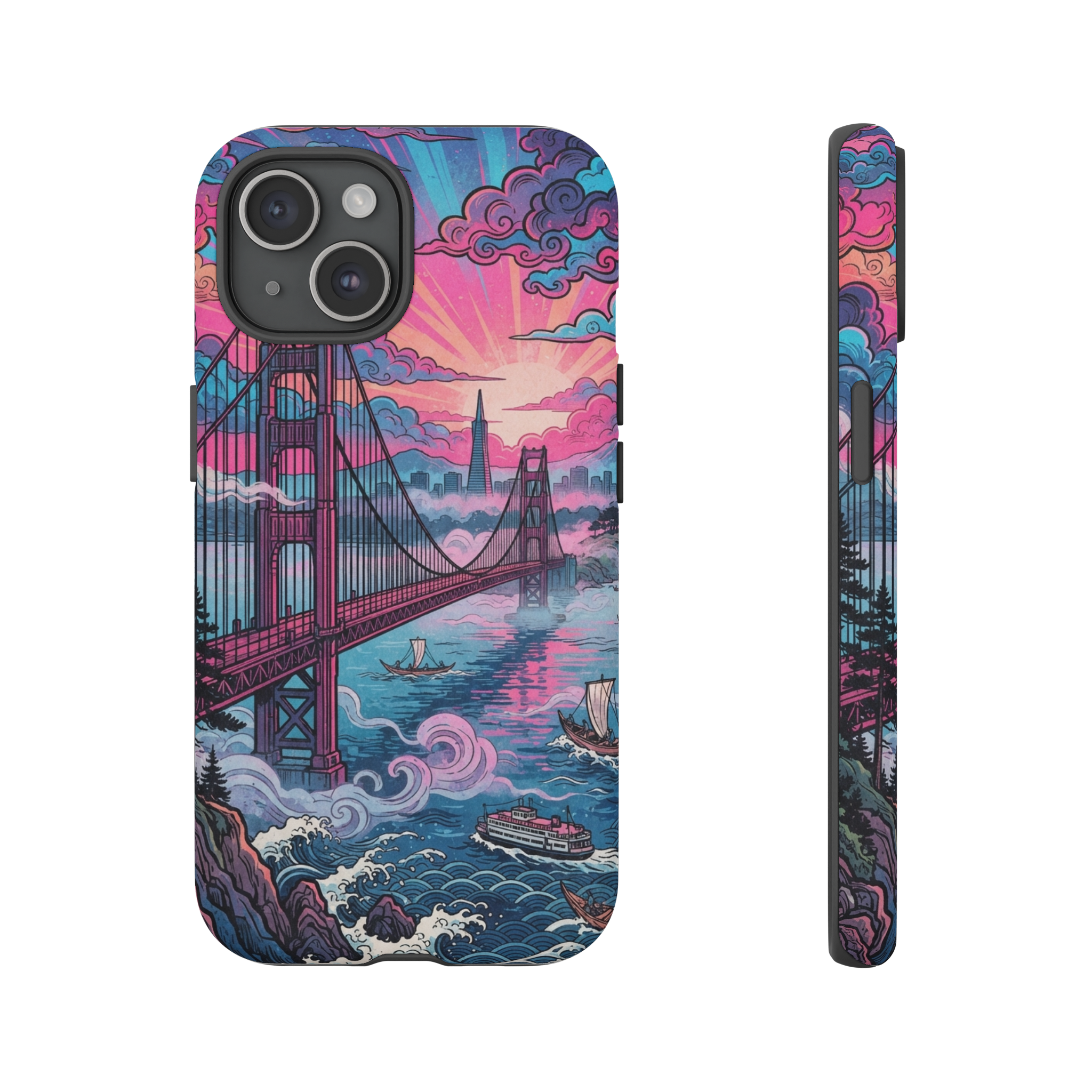 A misty San Francisco sunrise paints the iconic Golden Gate Bridge in swirling neon pinks and electric blues, rendered in a flat, woodblock‑style composition with bold outlines and stylized clouds reminiscent of traditional ukiyo‑e.