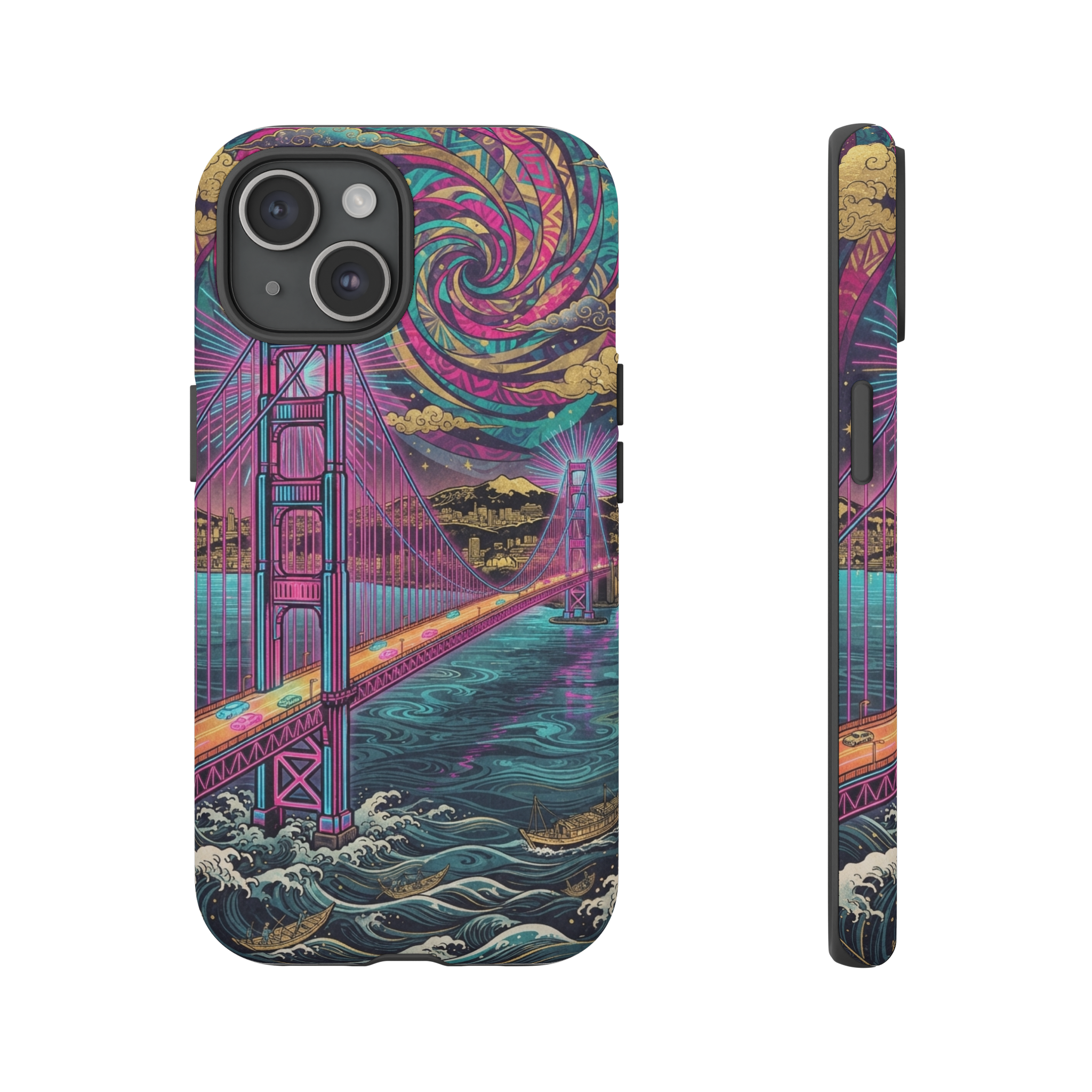 A vibrant ukiyo‑e style scene of the Golden Gate Bridge, its red towers rendered in neon pinks and electric blues, set against a swirling, kaleidoscopic sky of magenta and teal, with stylized clouds and distant shoreline rendered in gold leaf accents.