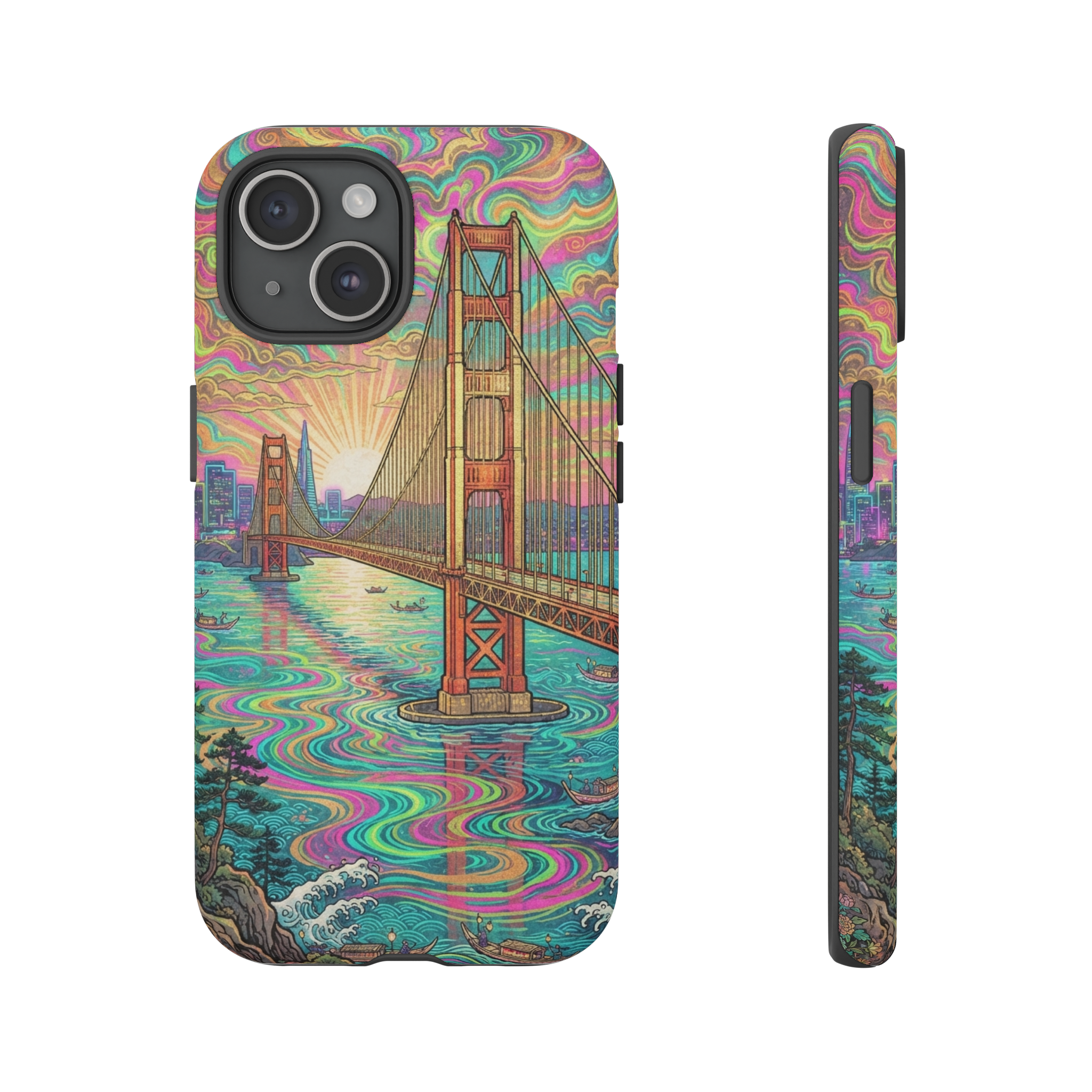 A swirling, neon‑colored ukiyo‑e print of the Golden Gate Bridge, its towers rendered in shimmering gold while the sky and water ripple with vibrant, psychedelic patterns of magenta, teal, and lime, illuminated by a glowing sunrise.