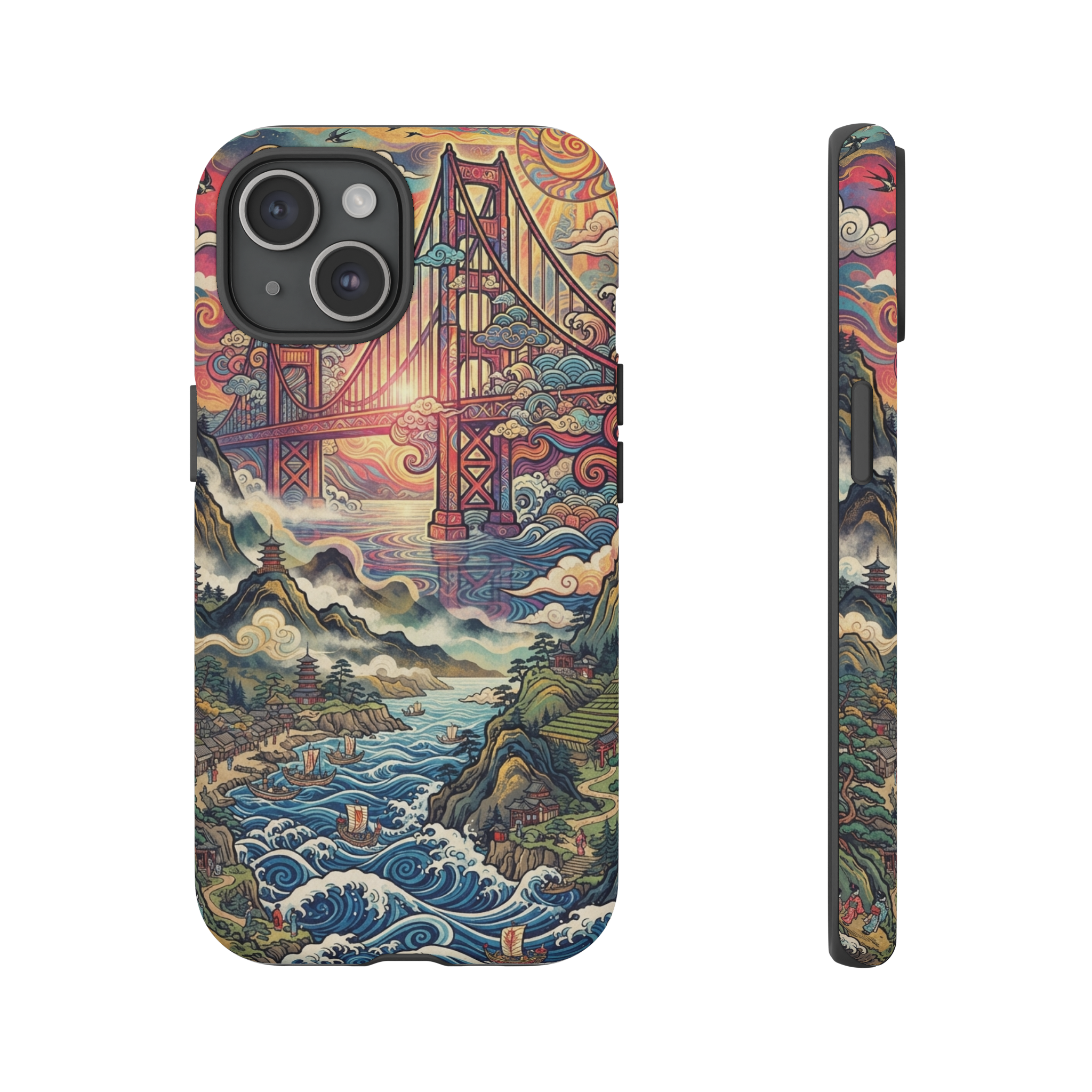 A stylized Golden Gate Bridge rendered in vibrant, swirling colors and bold patterning, floating above a stylized Edo‑period coastline with misty mountains, where the bridge’s towers and cables echo traditional woodblock wave motifs under a psychedelic sun.