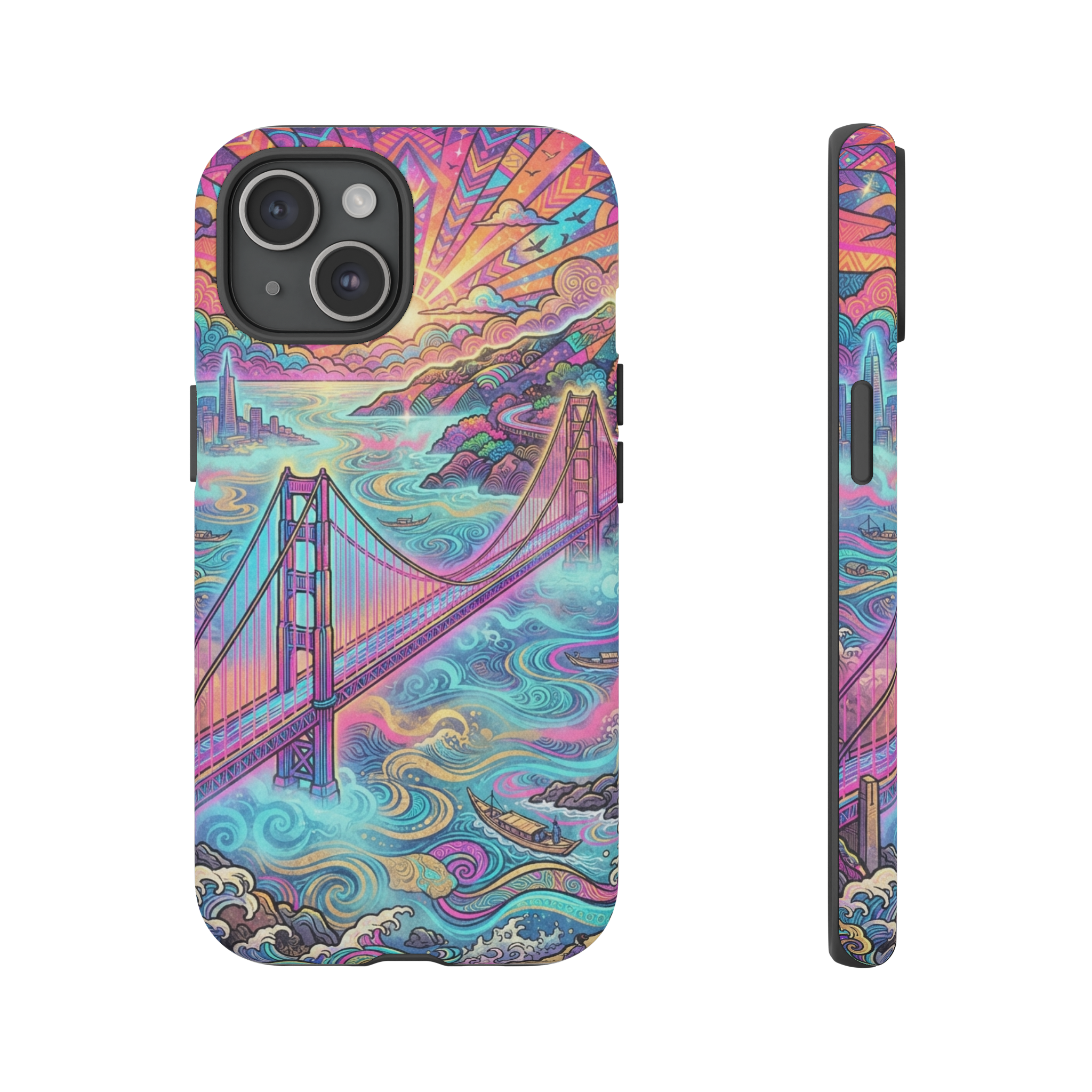 A vibrant, psychedelic ukiyo‑e style scene of the Golden Gate Bridge, rendered in swirling neon pinks, electric blues, and glowing golds, with the bridge spanning a stylized, fog‑filled bay under a kaleidoscopic sunrise.