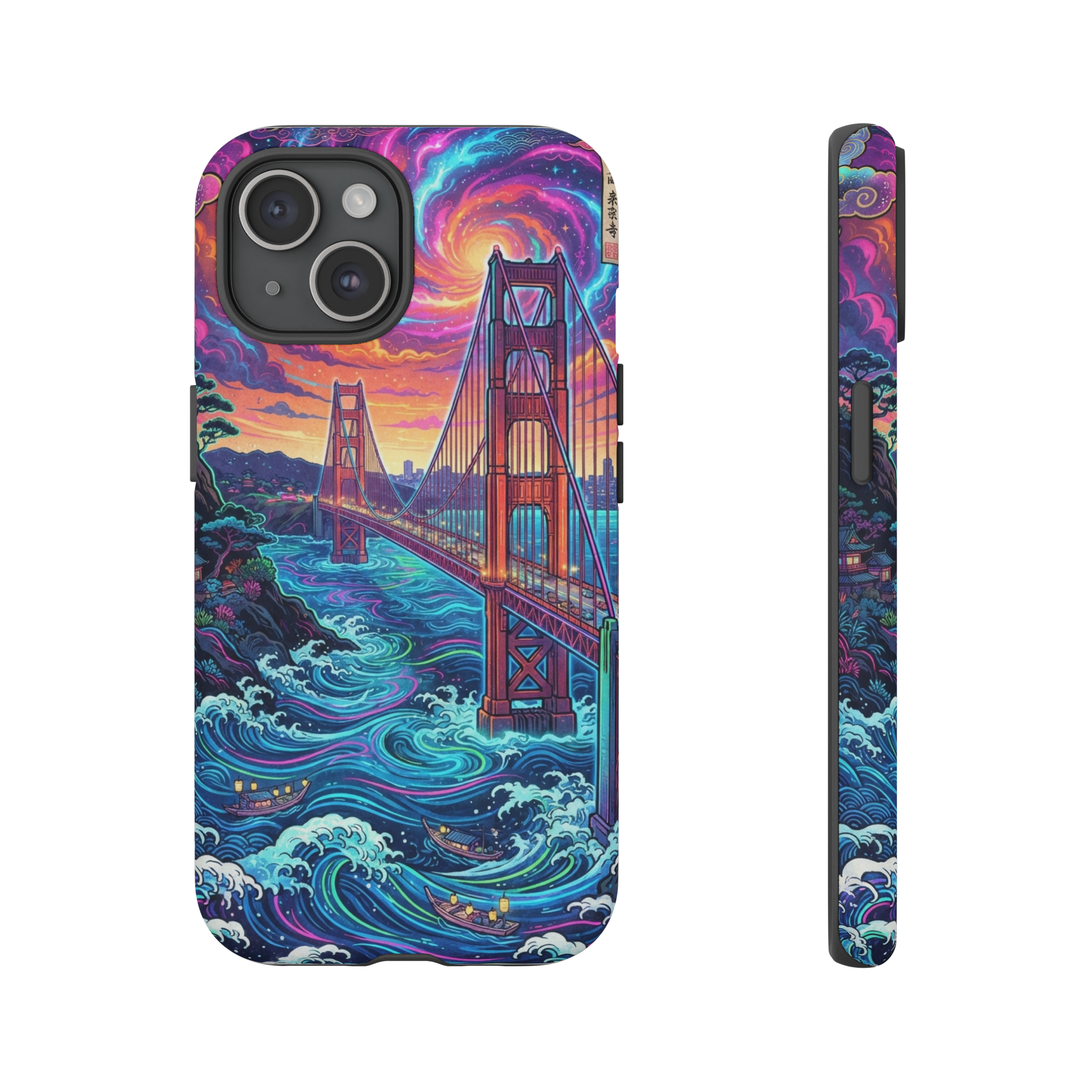 A vibrant ukiyo‑e style scene of the Golden Gate Bridge bathed in swirling neon pinks, electric blues, and lime greens, with stylized clouds and waves framing the towering red arches under a glowing, psychedelic sunset.