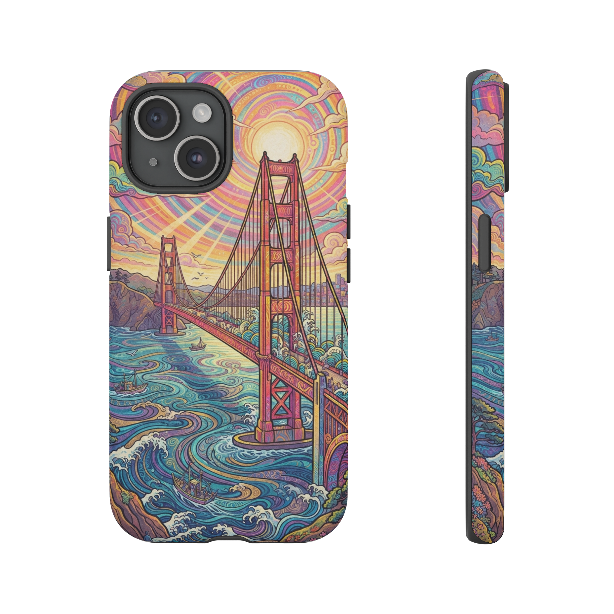 A sweeping view of the Golden Gate Bridge rendered in vivid, swirling psychedelic hues, with stylized wave motifs and cloud patterns reminiscent of ukiyo-e woodblock prints, the bridge illuminated by a luminous, multicolored sunrise.