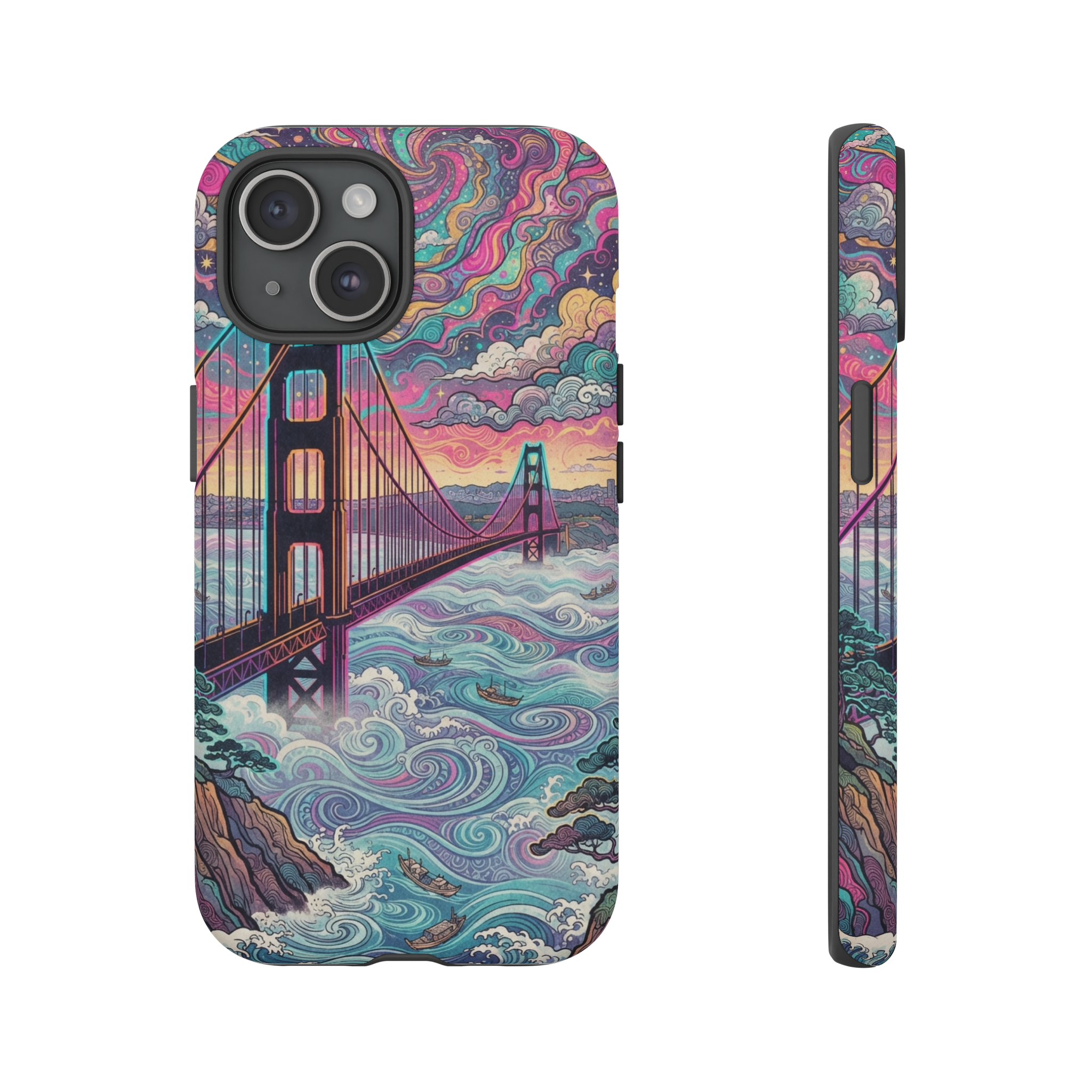 A sweeping ukiyo‑e print of the Golden Gate Bridge rendered in swirling, neon‑bright psychedelic hues, with the bridge’s towering arches silhouetted against a kaleidoscopic sky of magenta, teal and gold, and the fog below rendered in fluid, patterned clouds.