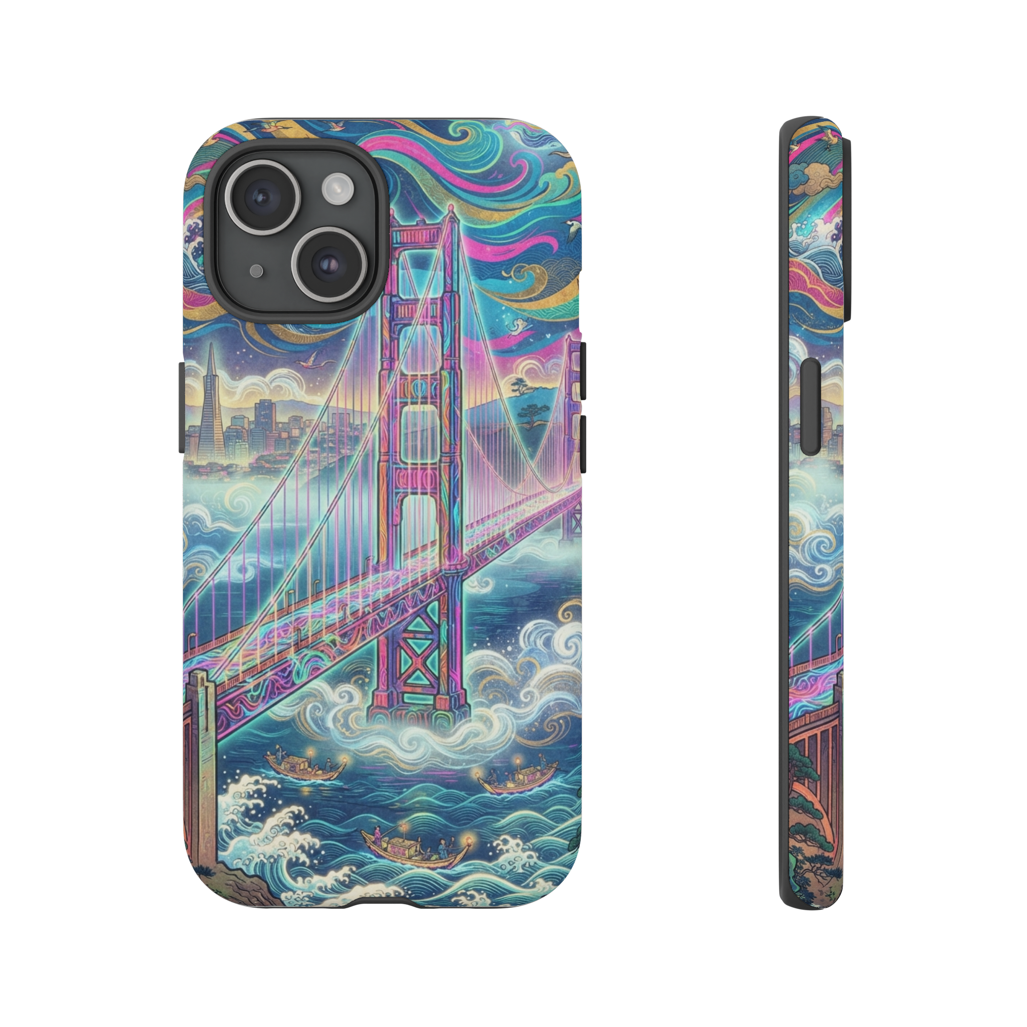 A vibrant, psychedelic ukiyo-e style scene of the Golden Gate Bridge, where the iconic red towers surge with swirling neon pinks, electric blues and luminous greens, the surrounding fog rendered as luminous, cloud-like brushstrokes, and the sky filled with bright, abstract waves of color that echo traditional Japanese woodblock textures.