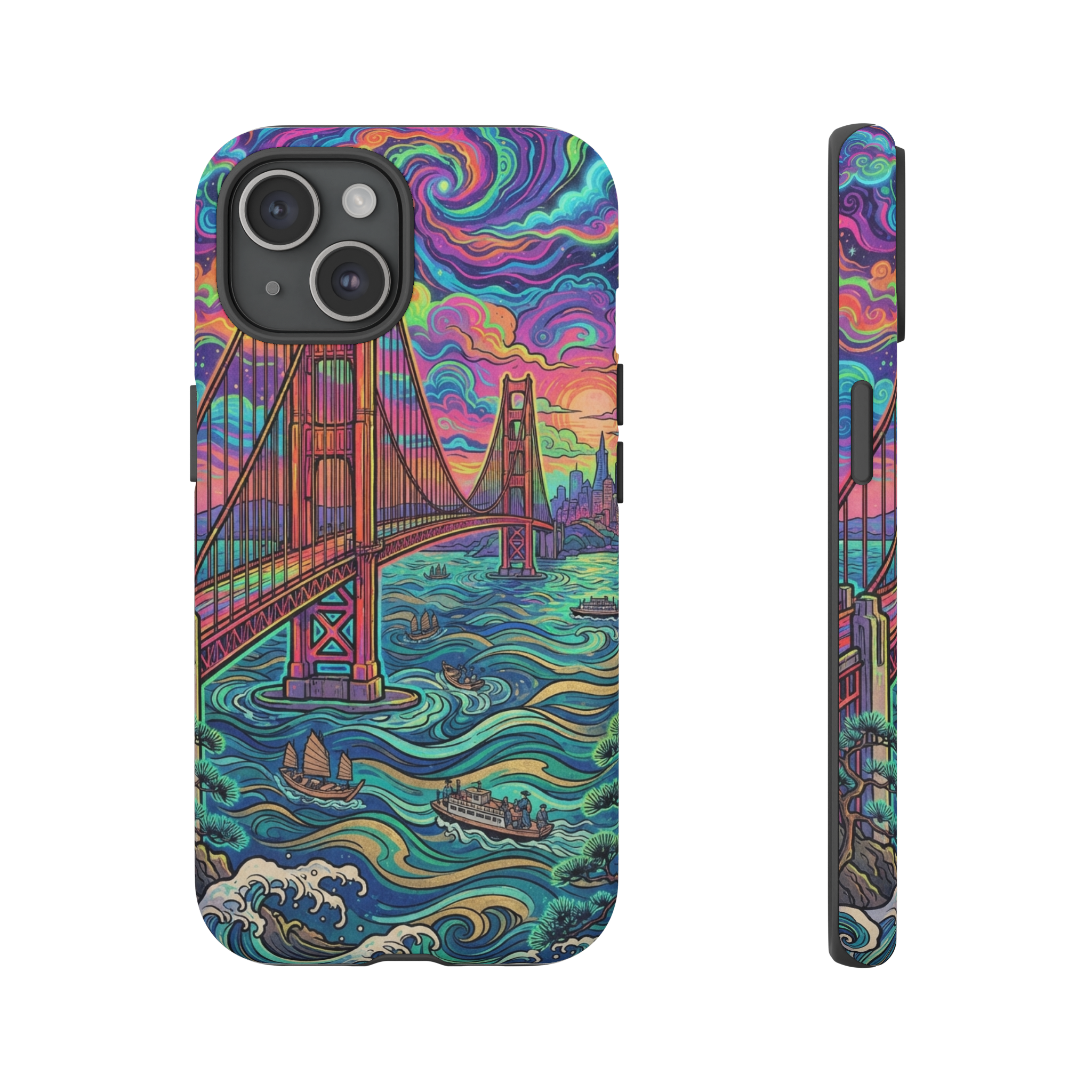 A stylized ukiyo-e scene of the Golden Gate Bridge rendered in vivid psychedelic colors, with the suspension cables and towers outlined in bold lines, swirling neon reds, blues, and greens filling the sky and water, illuminated by a glowing sunset hue.