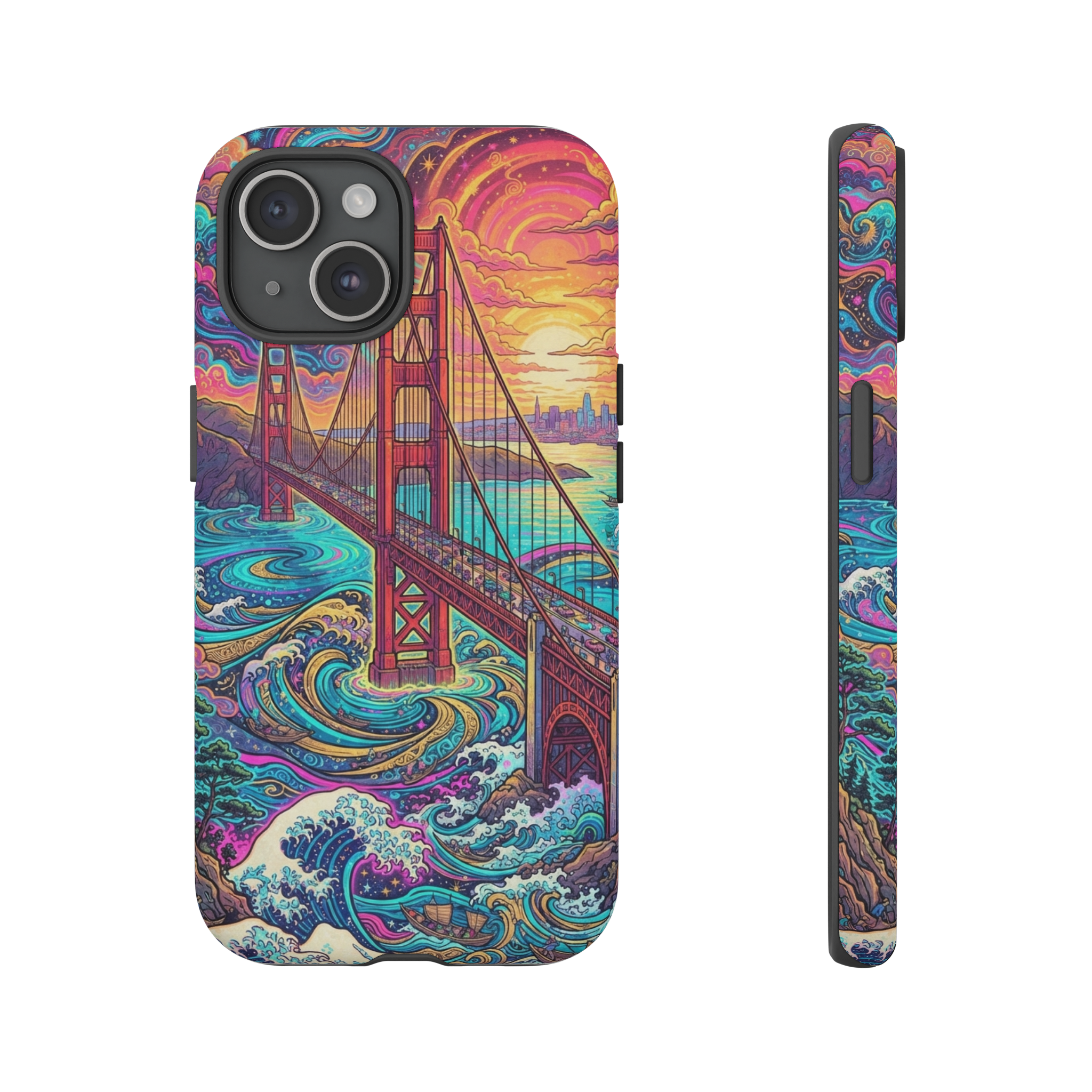 A vivid, swirling psychedelic ukiyo‑e style scene of the Golden Gate Bridge, where bold, neon‑colored waves and clouds whirl around the red suspension towers, rendered in traditional woodblock composition with exaggerated perspective and a glowing sunset palette.