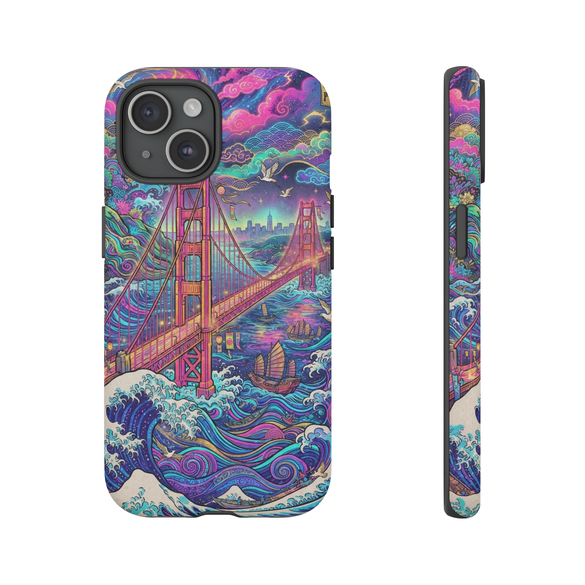 A vibrant ukiyo‑e style scene of the Golden Gate Bridge, rendered with swirling psychedelic colors and flowing wave patterns that blend traditional Japanese woodblock composition with neon pinks, electric blues, and golden highlights.