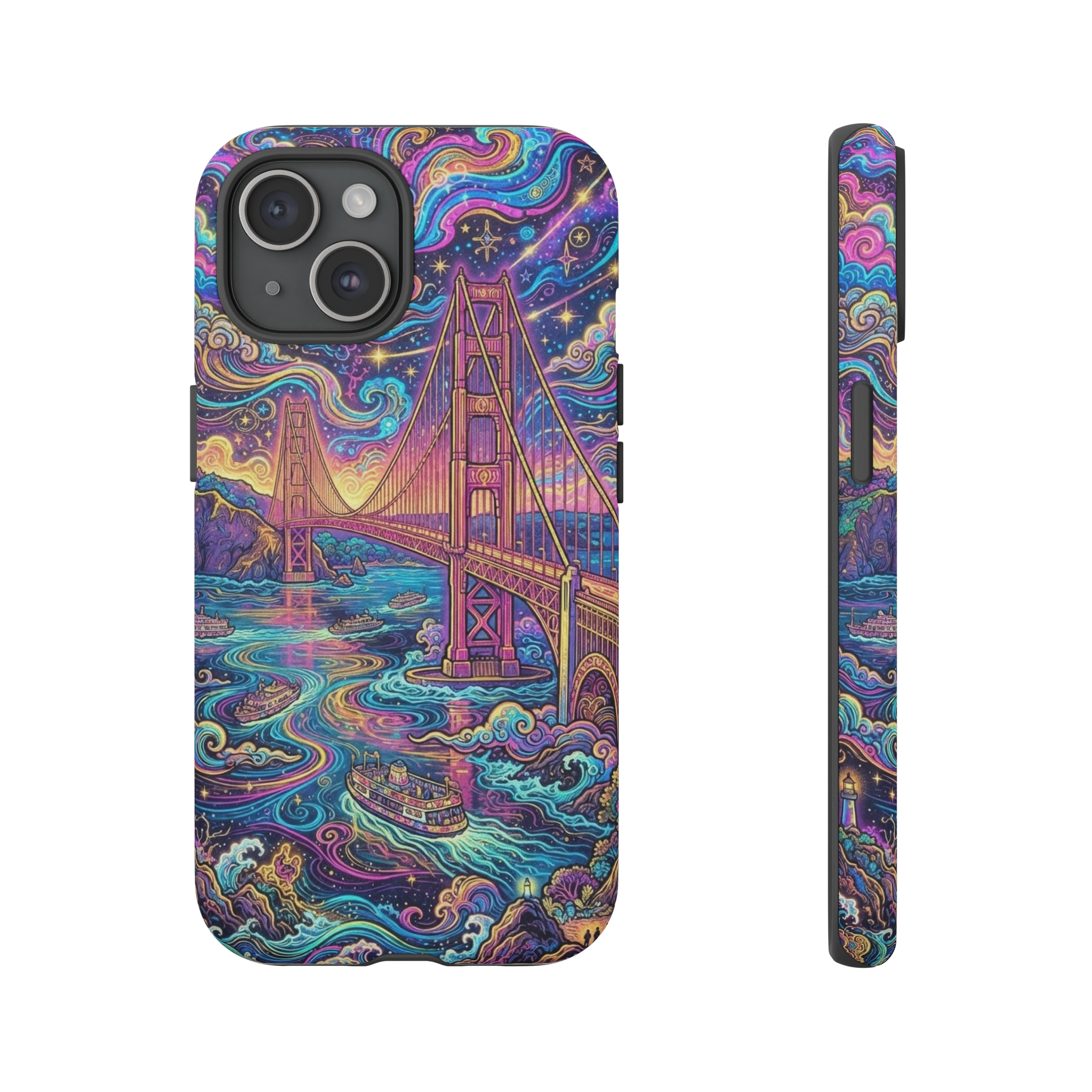 A vibrant, swirling psychedelic ukiyo‑e style view of the Golden Gate Bridge, with exaggerated, flowing lines, neon‑bright clouds, and a palette of electric blues, magentas, and gold that illuminate the bridge against a kaleidoscopic sky.