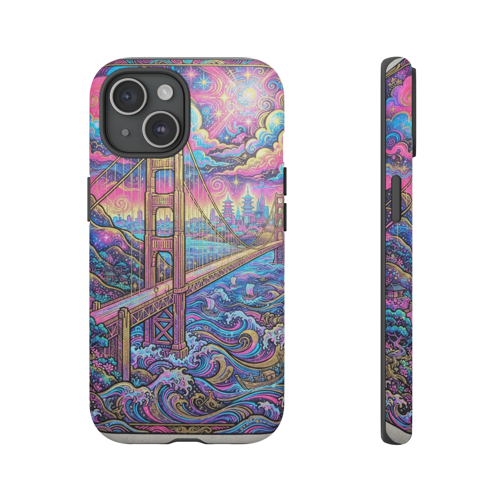 A vibrant, psychedelic ukiyo‑e style scene of the Golden Gate Bridge, rendered in swirling neon pinks, electric blues, and metallic gold, with exaggerated waves below and stylized clouds overhead, all bathed in a luminous, otherworldly glow.