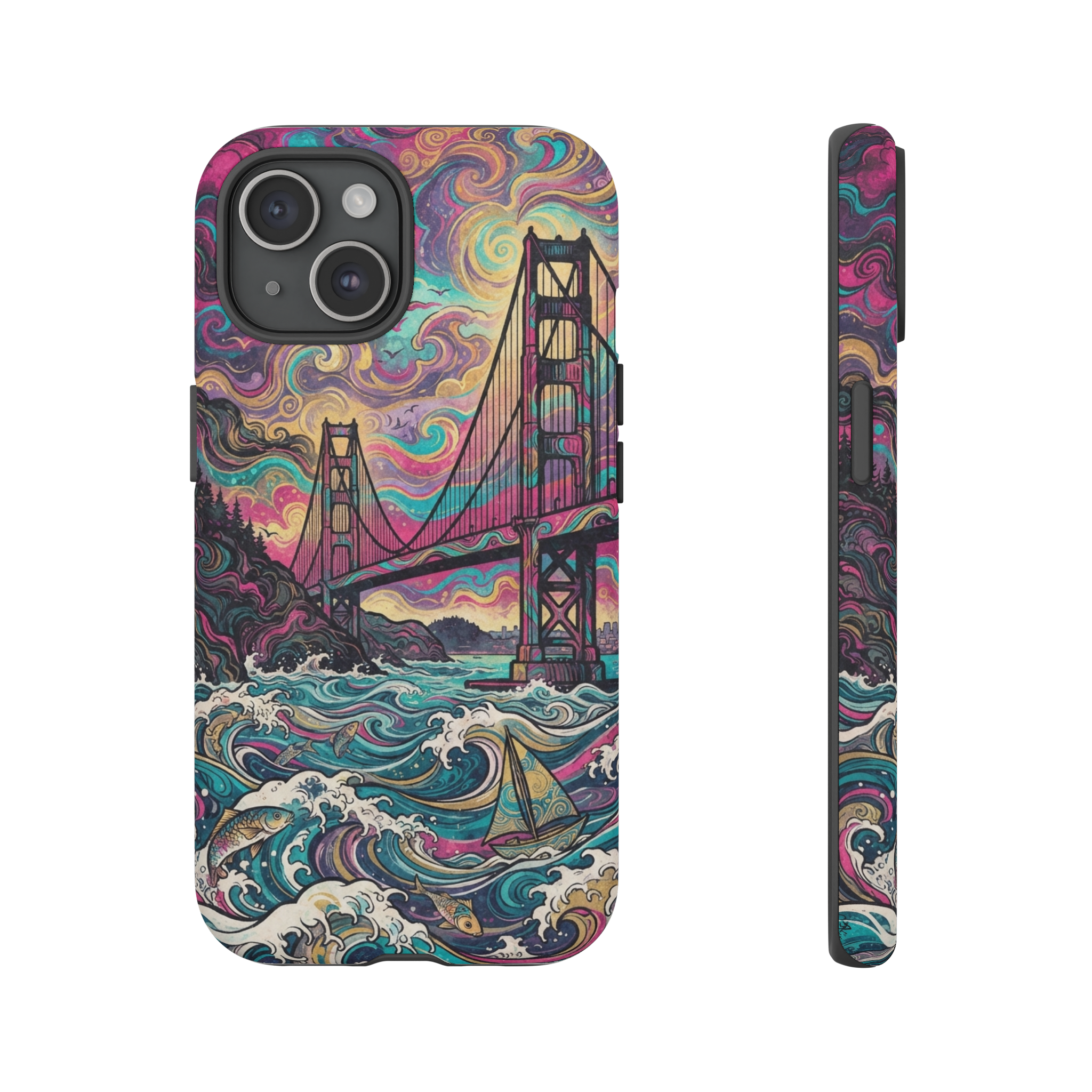 A vibrant ukiyo-e styled scene of the Golden Gate Bridge rendered in swirling psychedelic colors of pink, turquoise, and gold, with the bridge arches silhouetted against a dreamy, cloud‑filled sky and stylized waves below.