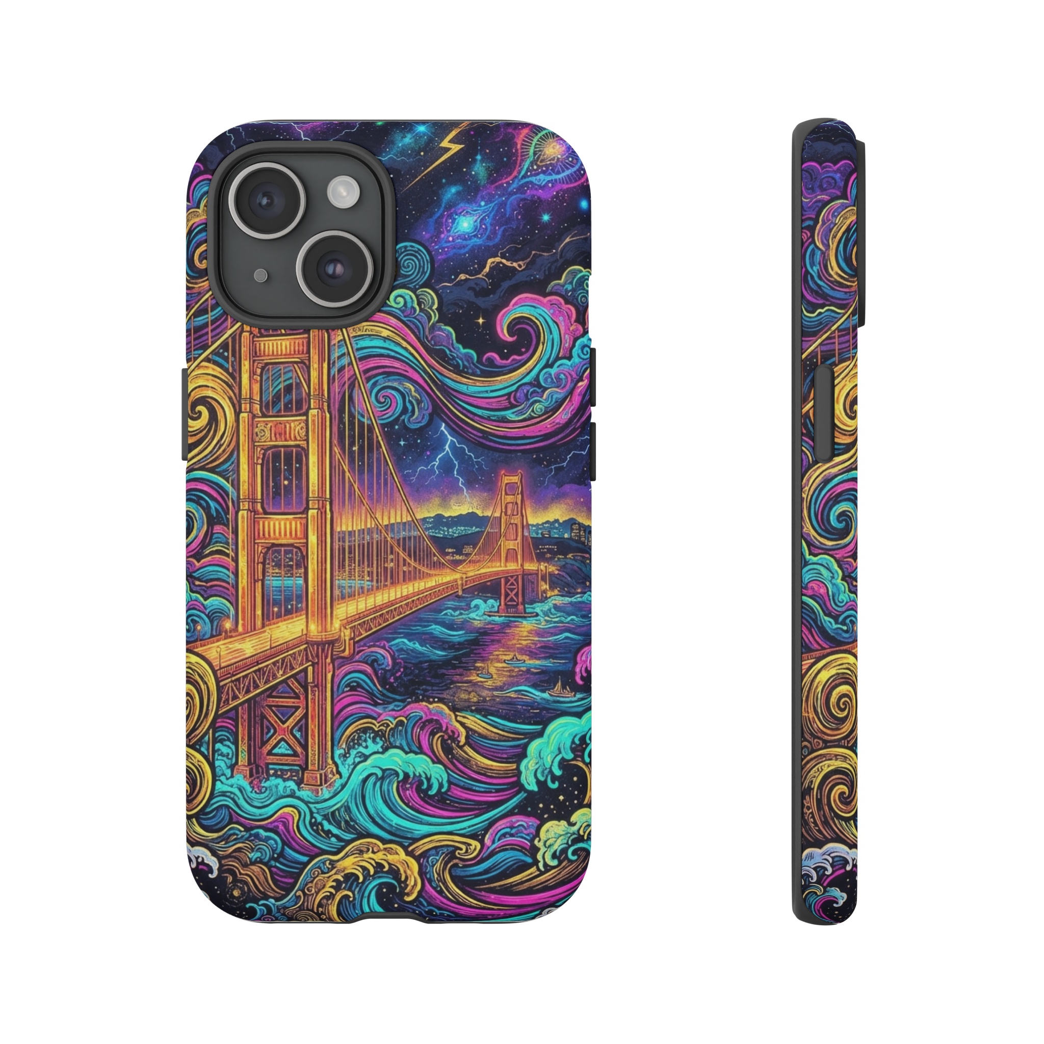 A vivid, swirling psychedelic rendition of the Golden Gate Bridge rendered in ukiyo‑e style, with bold, neon‑colored waves and clouds swirling around the steel towers, the bridge illuminated in gold against a dark, electric sky.