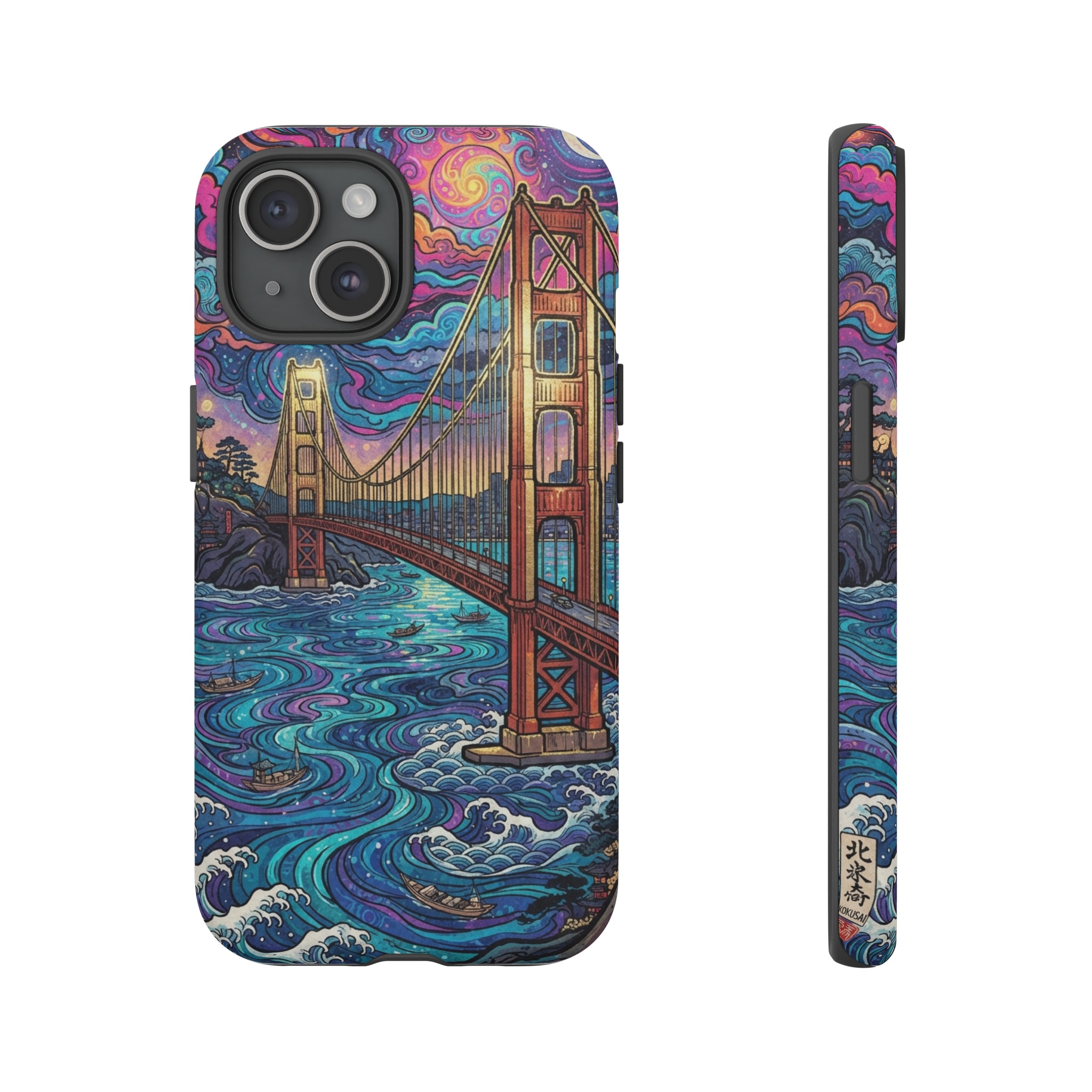 A vibrant, swirling psychedelic scene painted in traditional ukiyo‑e style, showing the Golden Gate Bridge arching over a stylized bay with neon‑colored clouds, bold outlines, and a golden shimmer on the bridge’s towers.