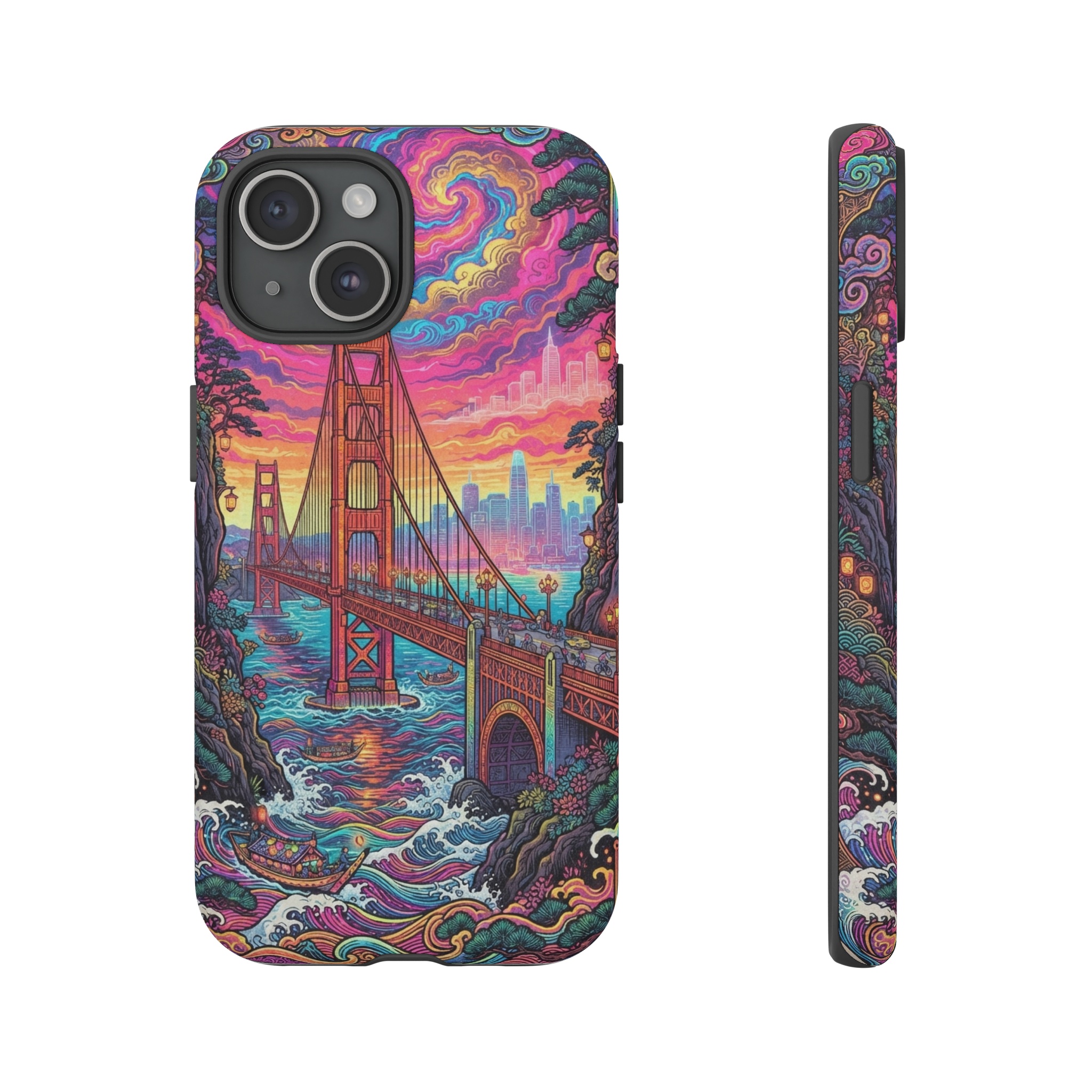 A vibrant, psychedelic ukiyo‑e style scene of the Golden Gate Bridge, with swirling neon colors and traditional Japanese woodblock textures framing the iconic span under a sunset sky.