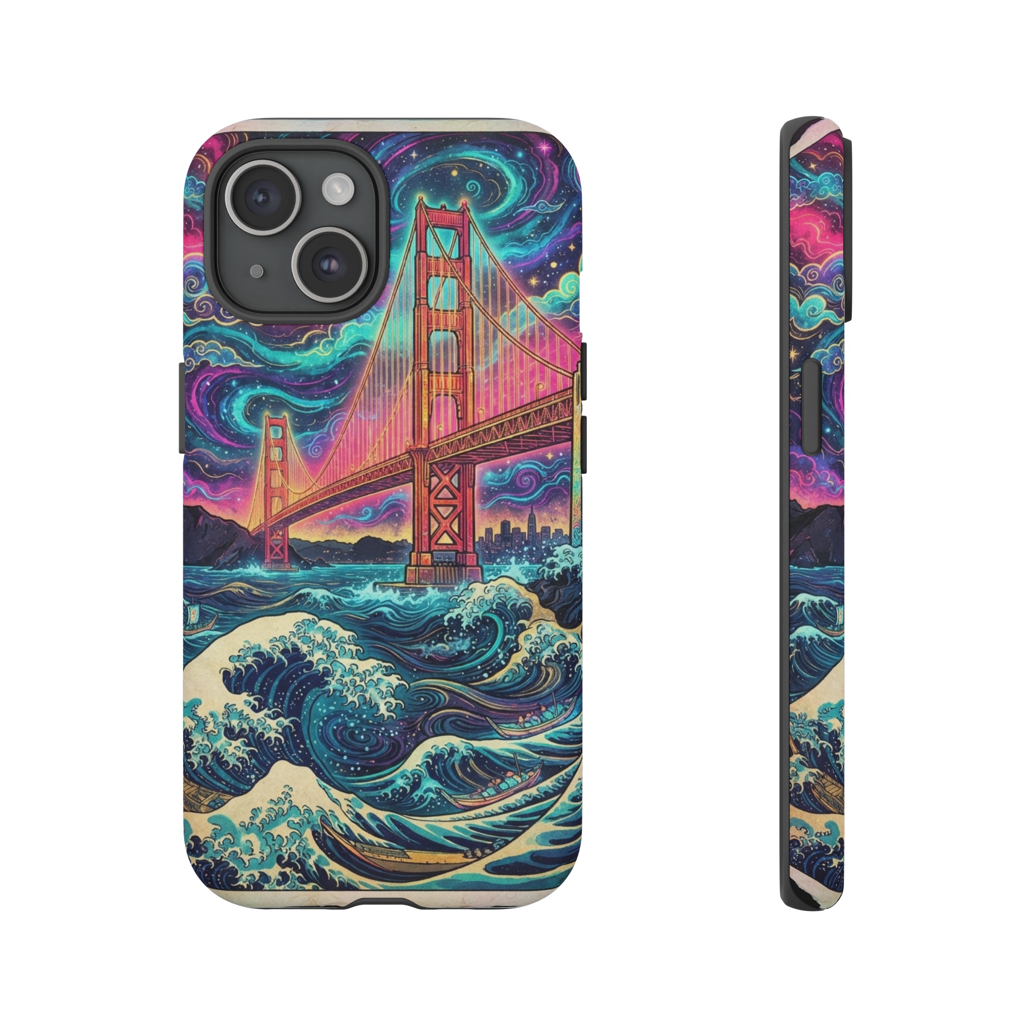 A vivid, psychedelic ukiyo-e style print of the Golden Gate Bridge, where the sleek suspension cables and towers float amid swirling neon clouds of magenta, turquoise, and gold, with stylized Japanese waves crashing below, all illuminated by a radiant, otherworldly light.