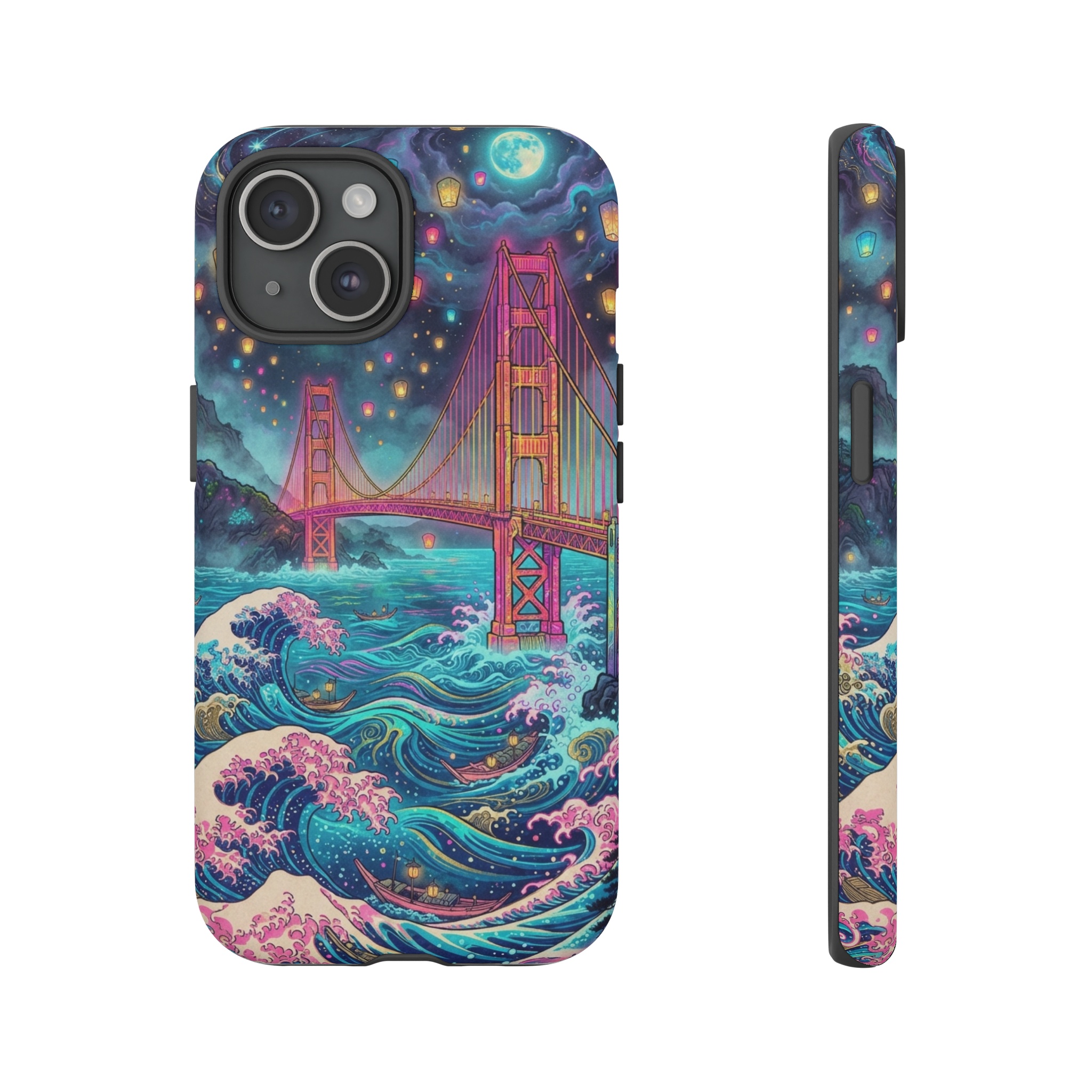 A vibrant psychedelic ukiyo-e scene of the Golden Gate Bridge, rendered with swirling neon pinks, electric blues and golden accents, set against stylized crashing waves and a misty sky lit by surreal, glowing lanterns.