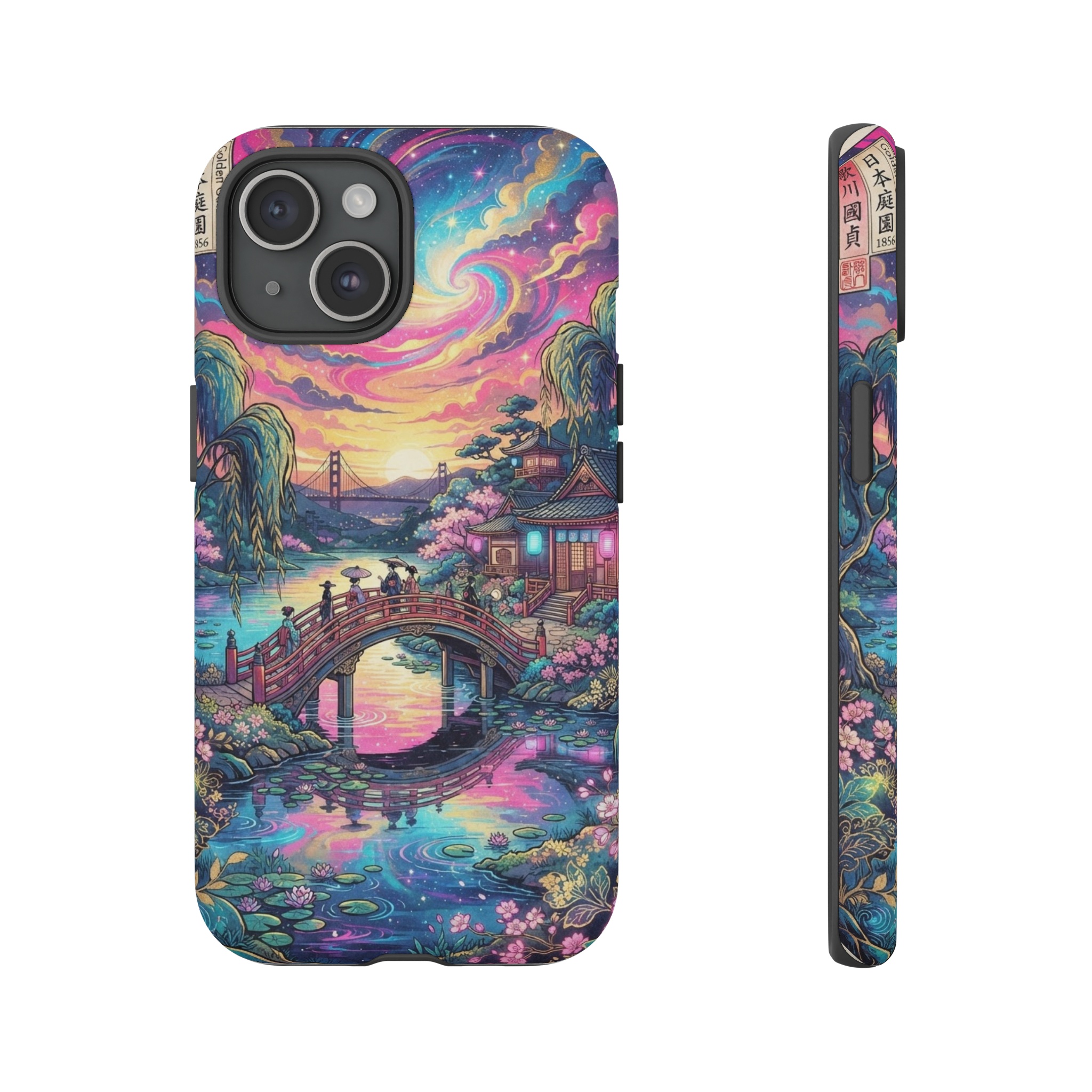 A vibrant ukiyo‑e style print of Golden Gate Park bathed in swirling neon pinks, electric blues and radiant gold, where willow trees and a pagoda‐like bridge glide across a dreamlike lake, all illuminated by a swirling, kaleidoscopic sunset.
