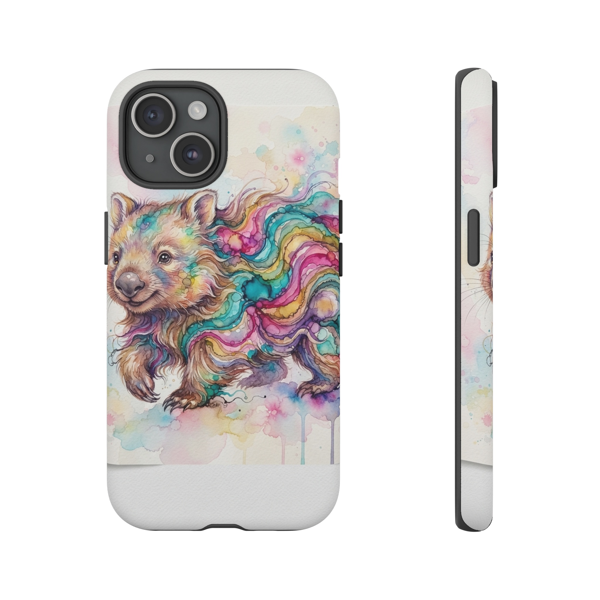 A whimsical wombat is painted in flowing watercolor and swirling alcohol ink, its soft brown fur blending into teal and magenta strokes that ripple across a light pastel background.