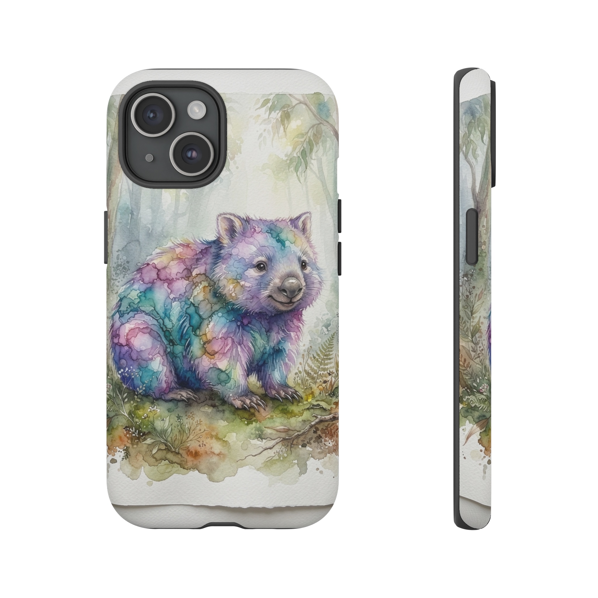 A whimsical wombat rendered in flowing watercolor washes, its shaggy fur depicted with translucent alcohol ink splashes that swirl into soft violet and teal hues, set against a muted, misty background where light filters gently through the edge of a eucalyptus forest.