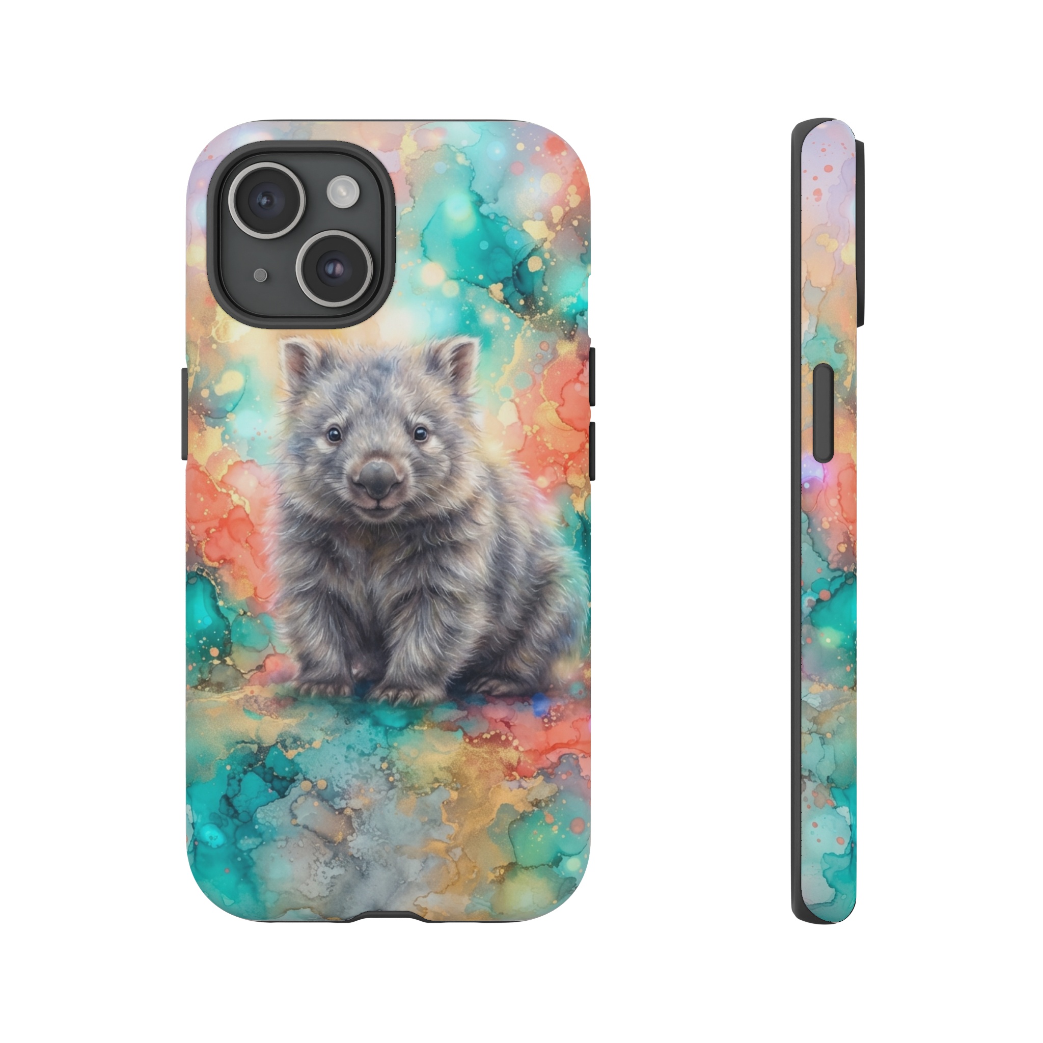 A cute wombat sits amid swirling pastel watercolor and vivid alcohol ink splashes, its shaggy gray fur softly outlined against a dreamy blend of teal, coral, and gold light.