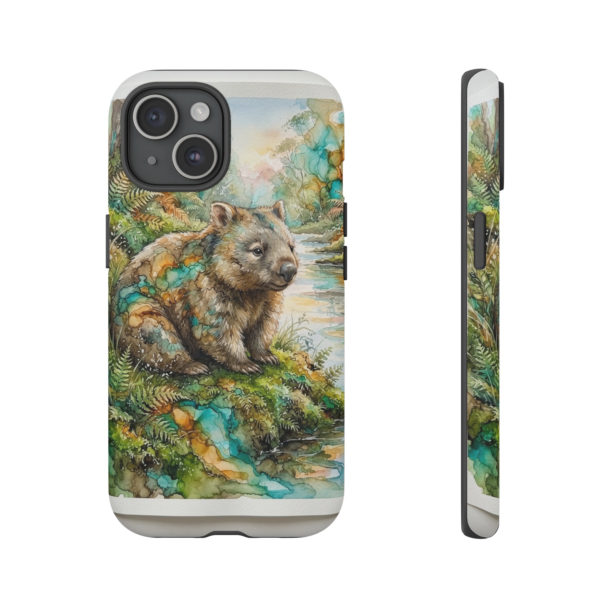 A plump wombat sits on a mossy riverbank, rendered in fluid watercolor washes that blend into swirling alcohol ink patterns, with teal and amber tones swirling around its fur, and soft morning light casting gentle shadows on the surrounding foliage.