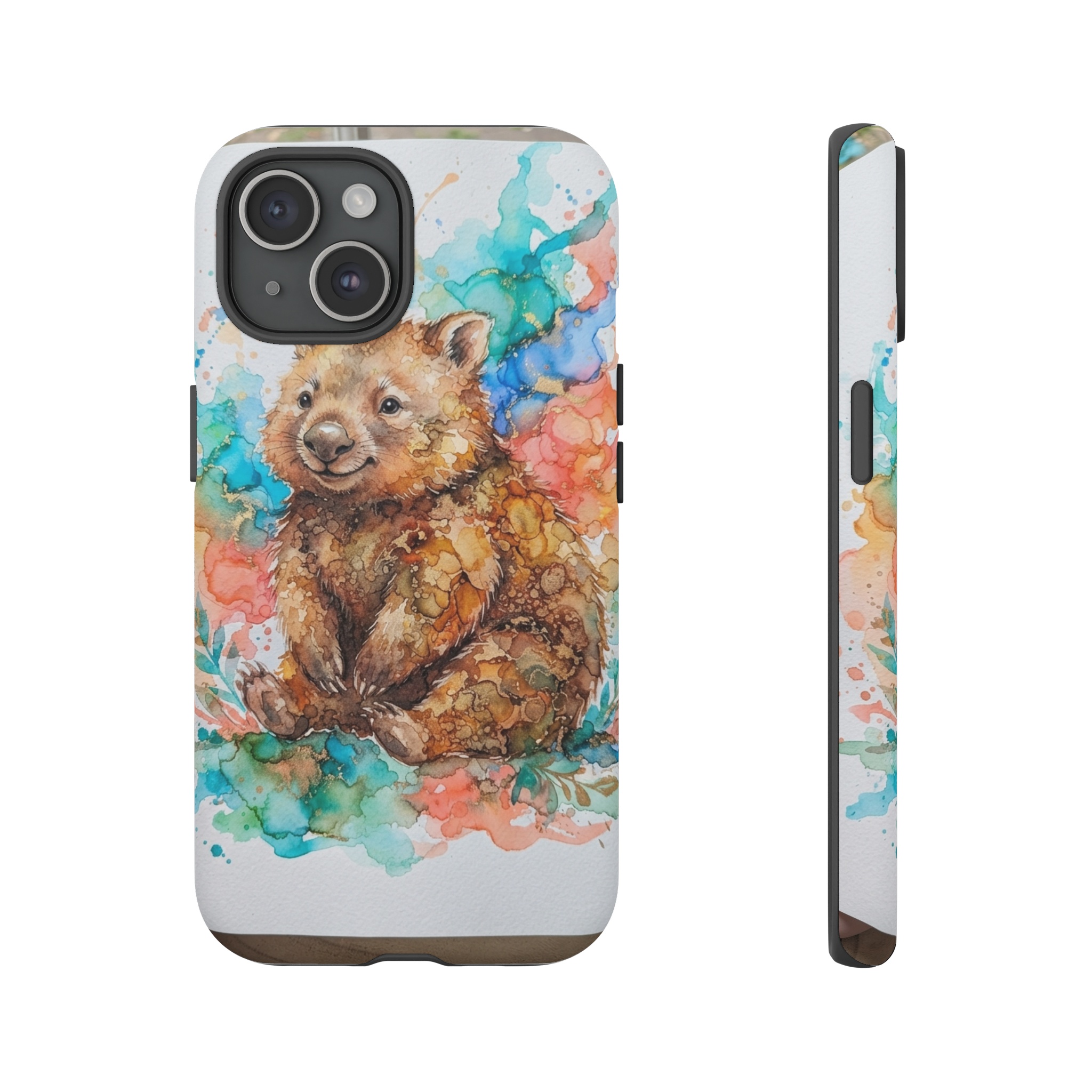 A whimsical wombat, rendered in loose watercolor washes and vibrant alcohol ink swirls, sits amid abstract, flowing splashes of teal and coral, with soft light highlighting its plush fur.
