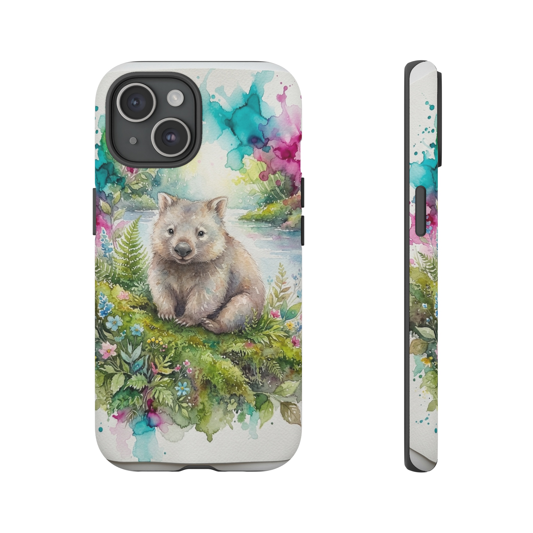 A whimsical wombat sits on a mossy riverbank, rendered in soft watercolor washes that bleed into vibrant alcohol ink splashes of teal and magenta, the light diffusing gently across its fur and the surrounding foliage.