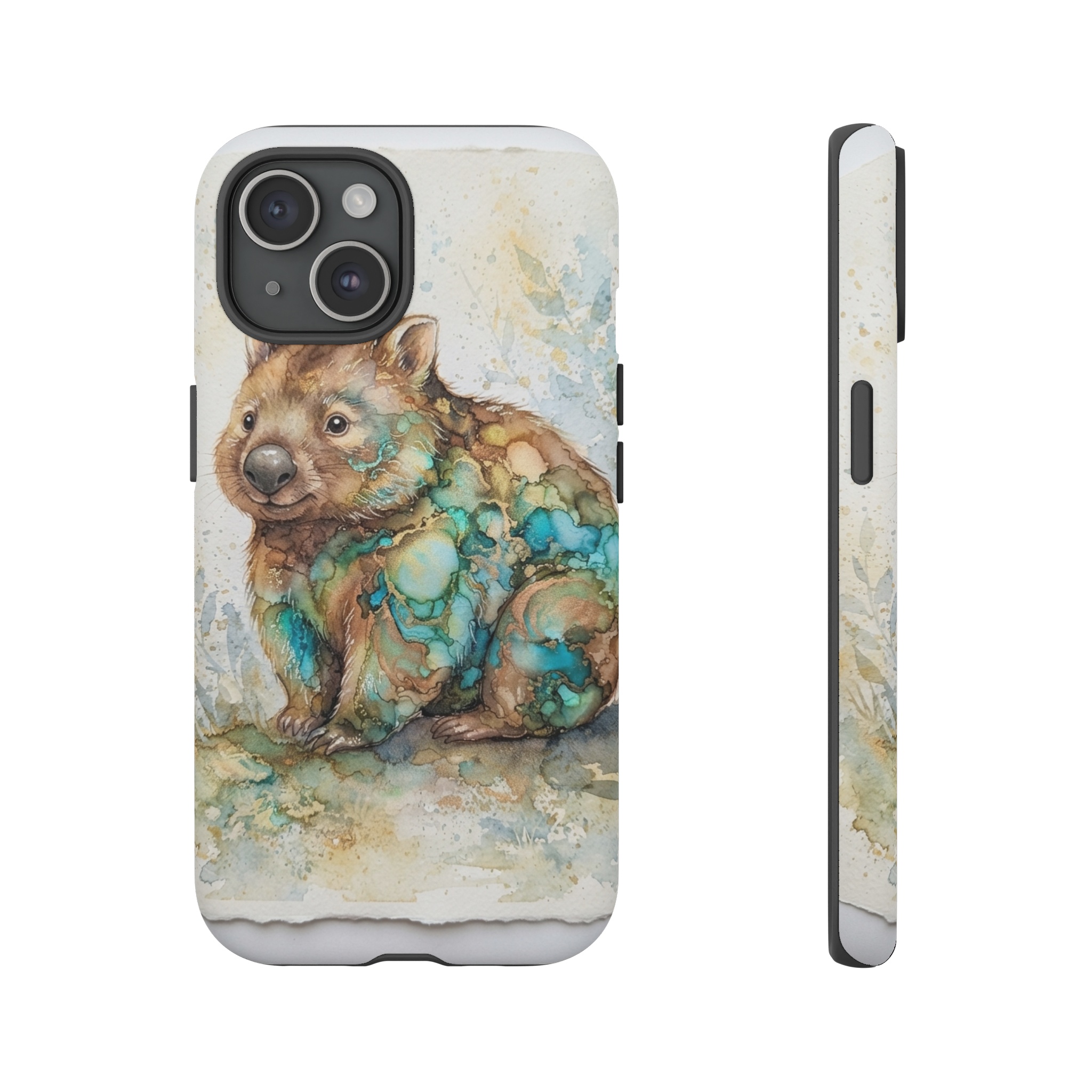 A whimsical wombat painted in fluid watercolor and shimmering alcohol ink, its soft brown fur blending into teal and gold swirls, set against a light, speckled background with gentle shadows highlighting its round shape.