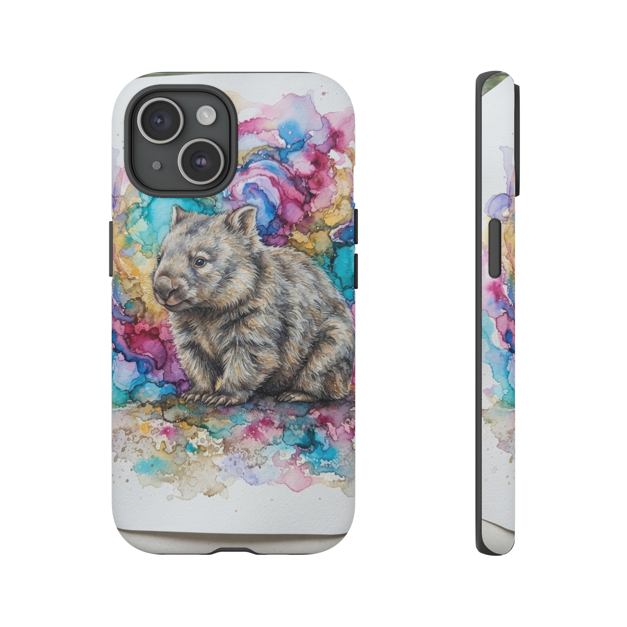 A cute wombat sits amid swirling watercolor and alcohol ink washes, its coarse fur rendered in soft greys and browns while bright turquoise and magenta splotches swirl around it, illuminated by gentle, diffused light.