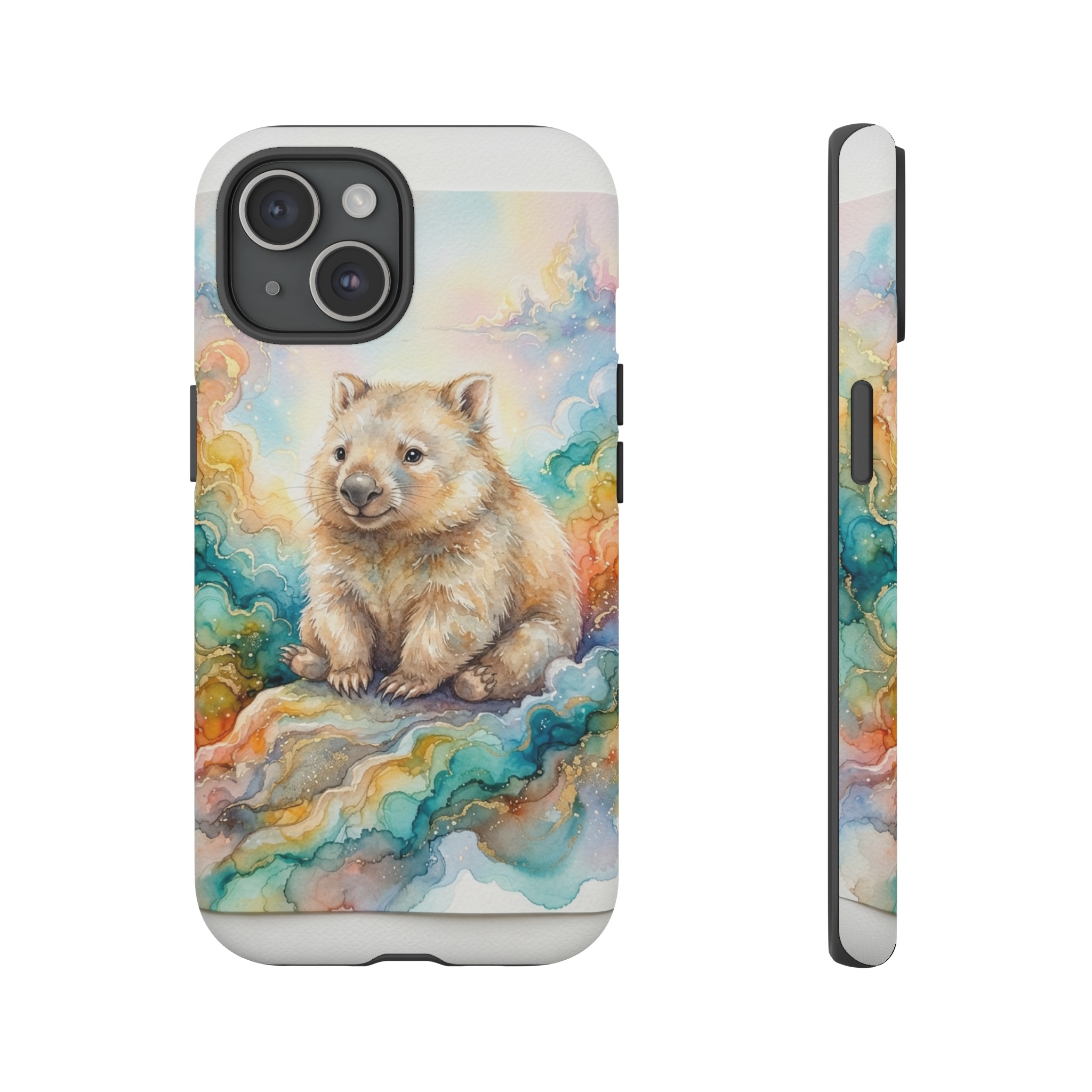 A whimsical watercolor-washed wombat sits amid swirling alcohol‑ink clouds of teal and amber, its round body illuminated by soft, diffused light against a pastel sky.